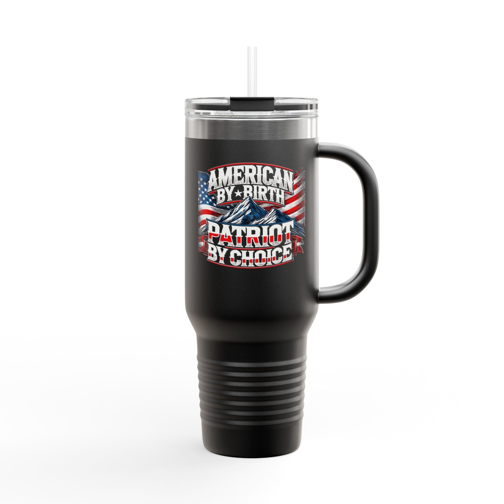 Black insulated travel mug with a handle, featuring a patriotic design with text and an American flag.