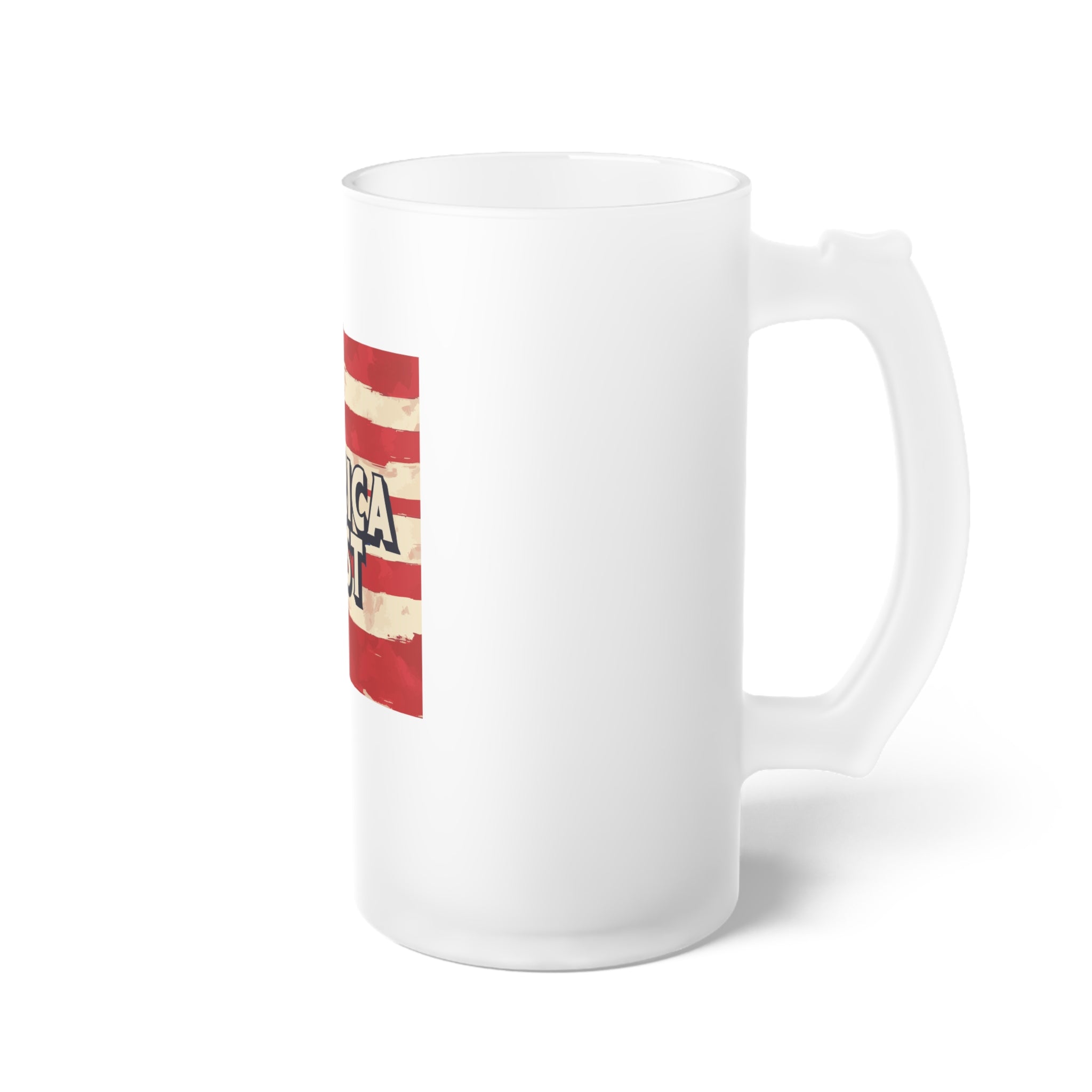 White mug with red and gray graphic design on a white background