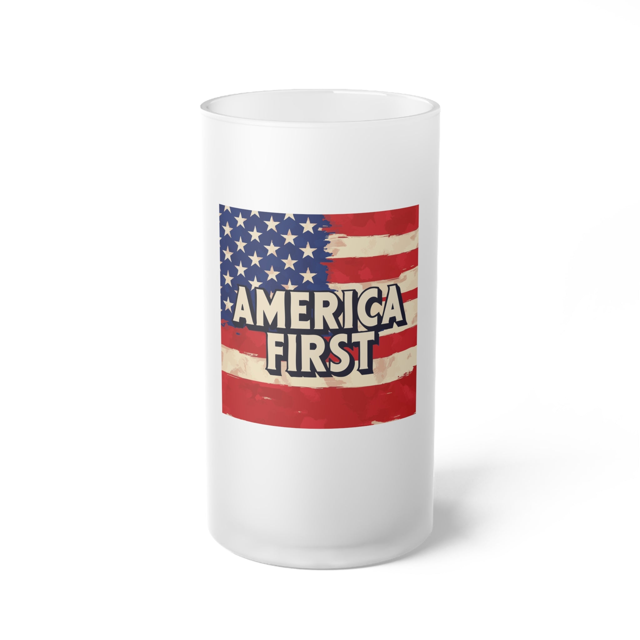 A frosted glass beer mug with a patriotic 'America First' print featuring the American flag.