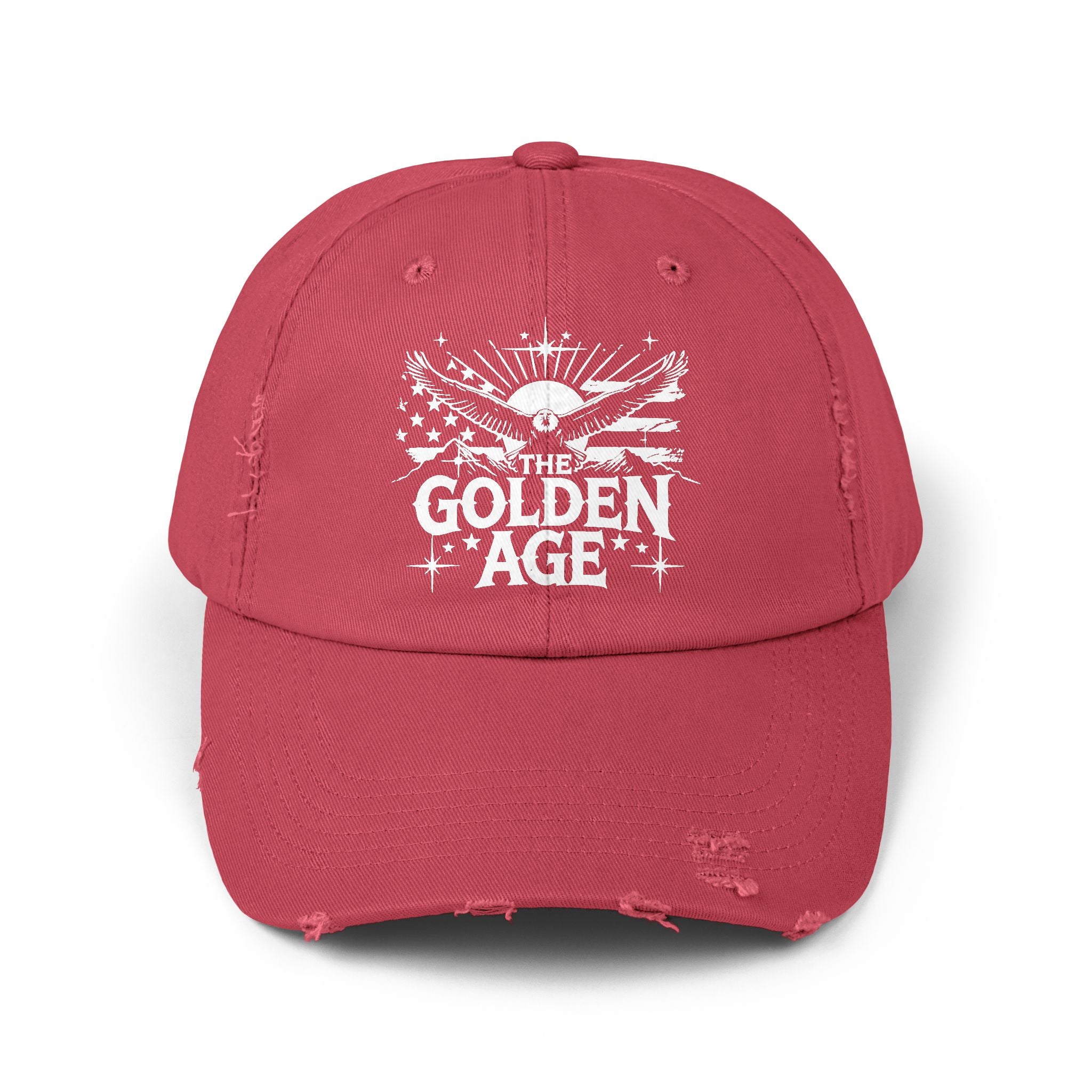 A blue distressed baseball cap with 'The Golden Age' printed on the front.