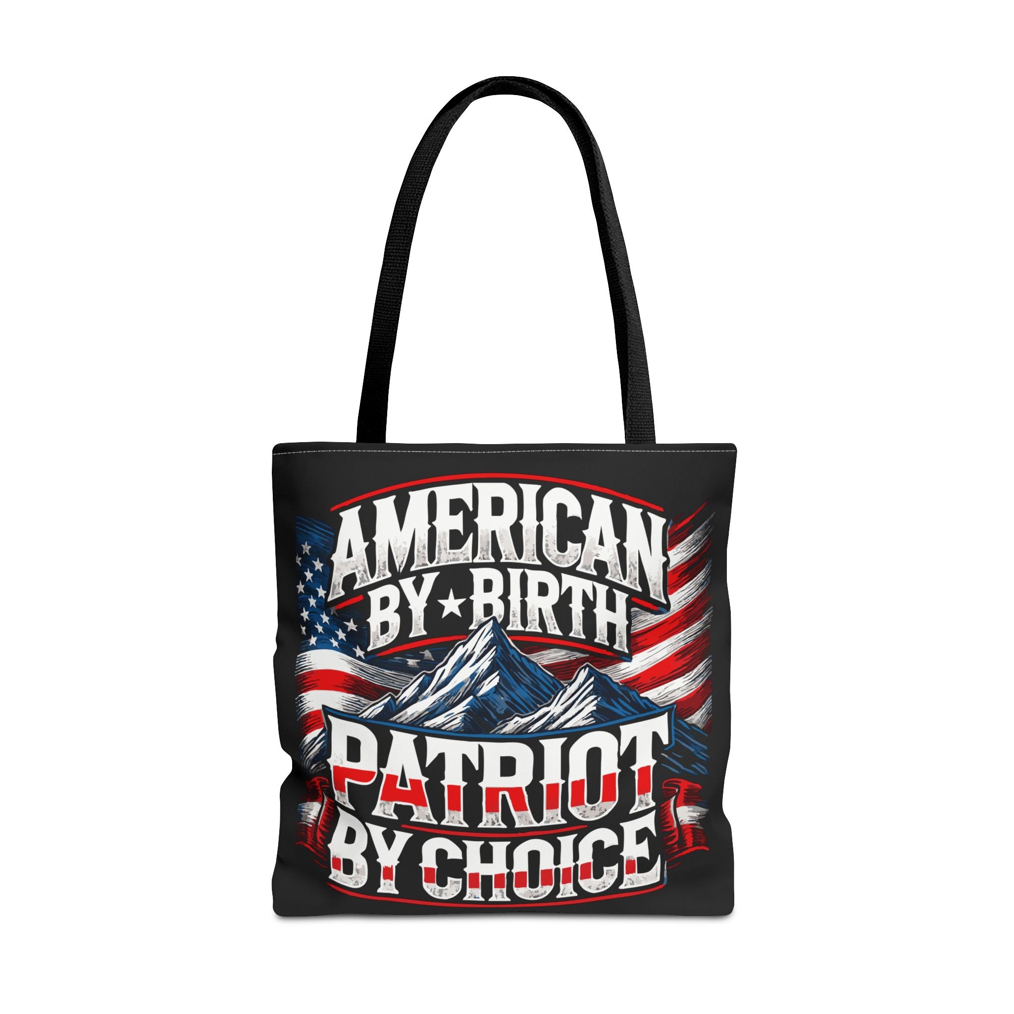 Tote bag with 'American by birth, patriot by choice' text and American flag design on a white background (FOR AMERICANS SHOP)
