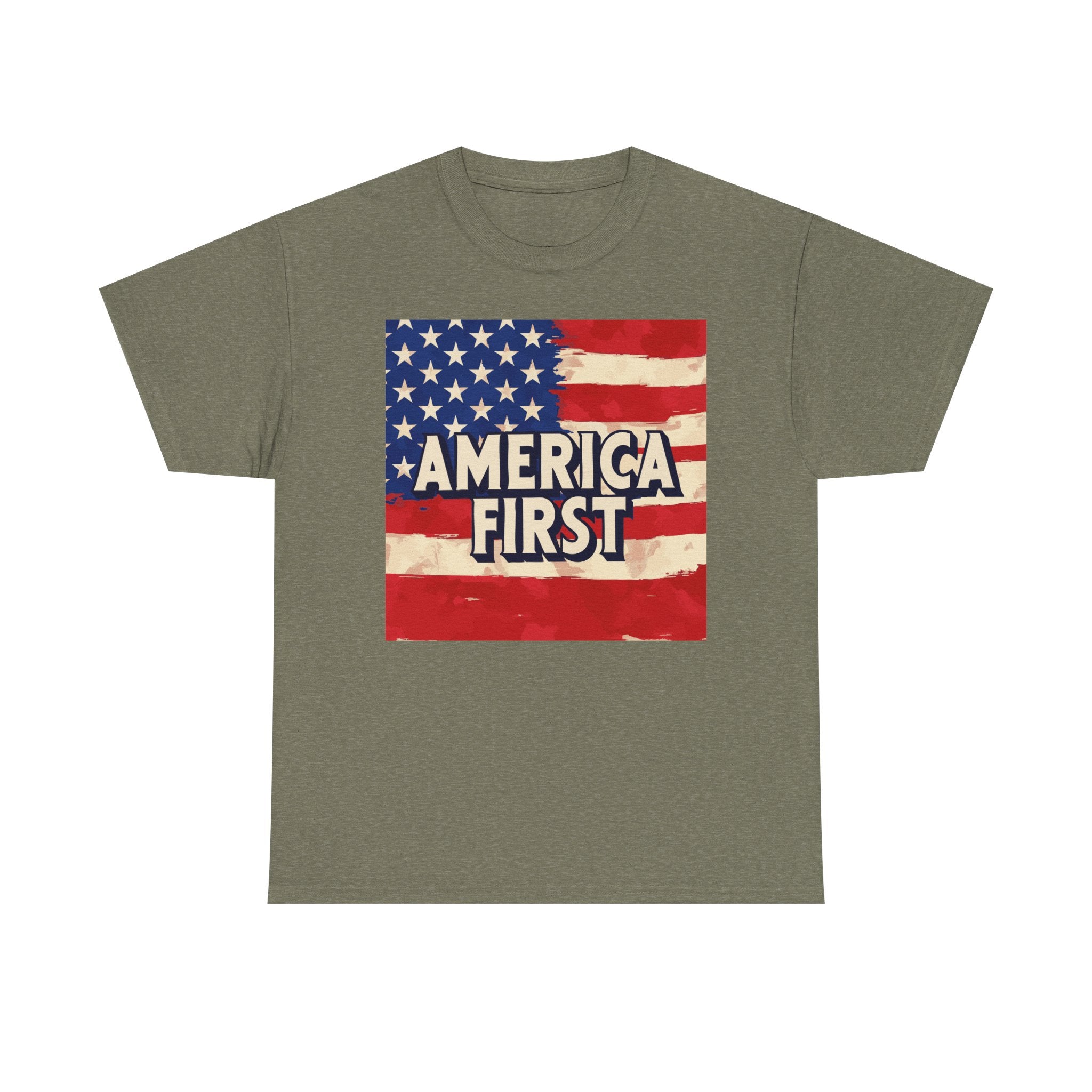 A green unisex crew neck t-shirt with the text 'AMERICA FIRST' and an American flag design.