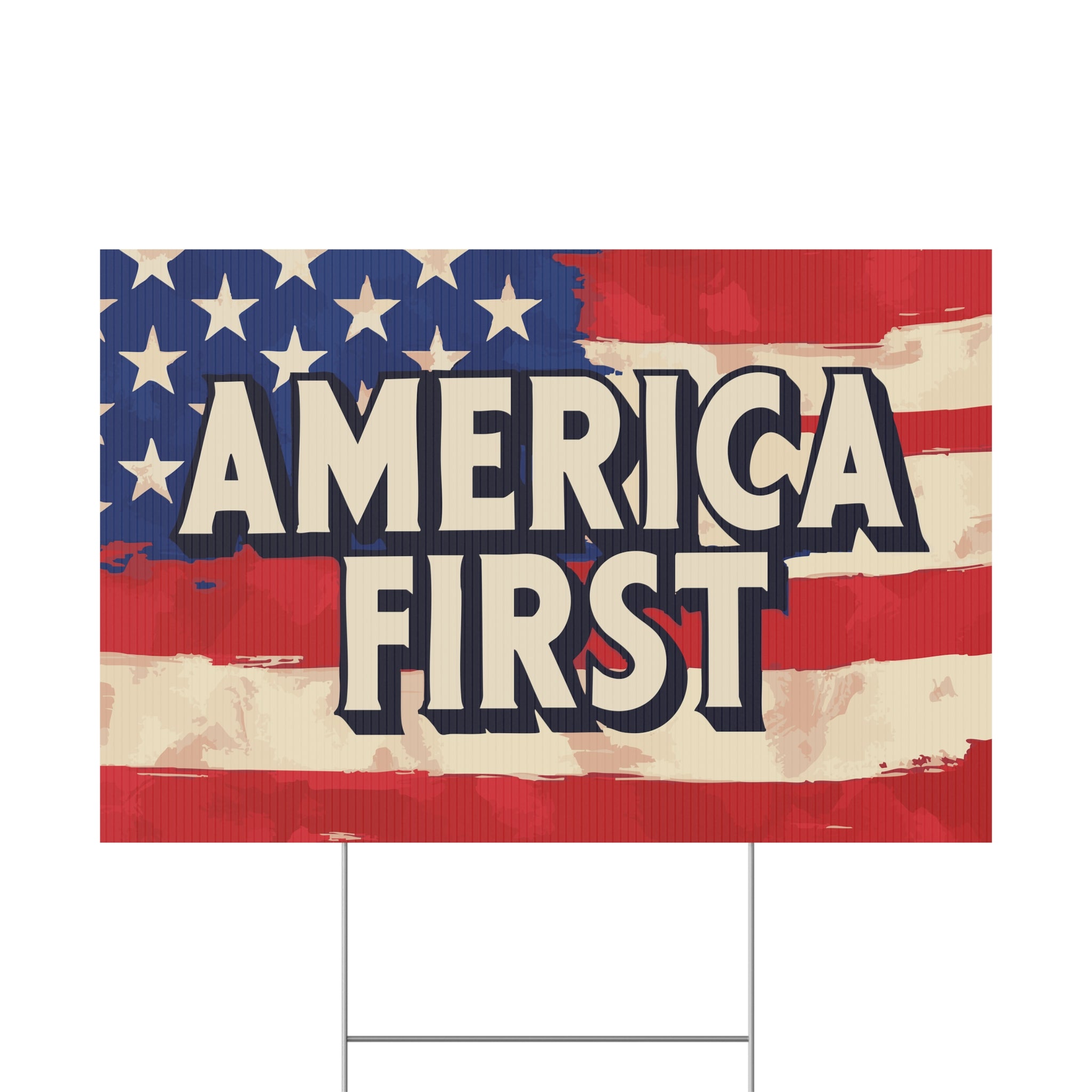 Garden flag with 'America First' text on a distressed American flag background
