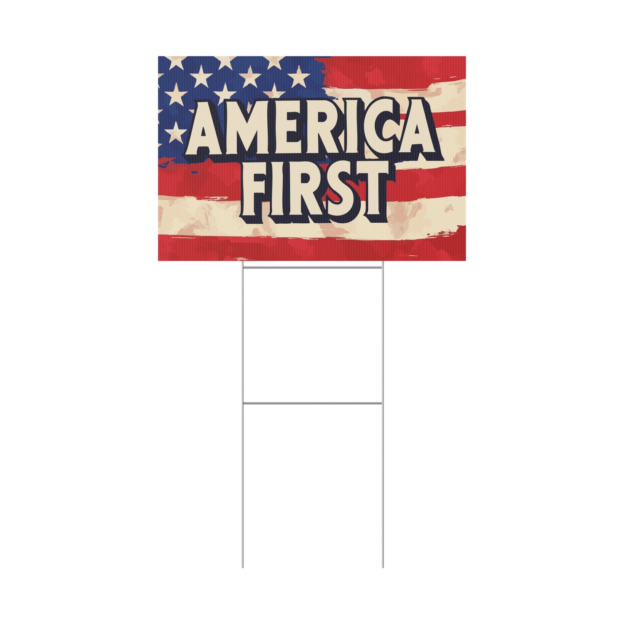 Flag with 'America First' text on an American flag design
