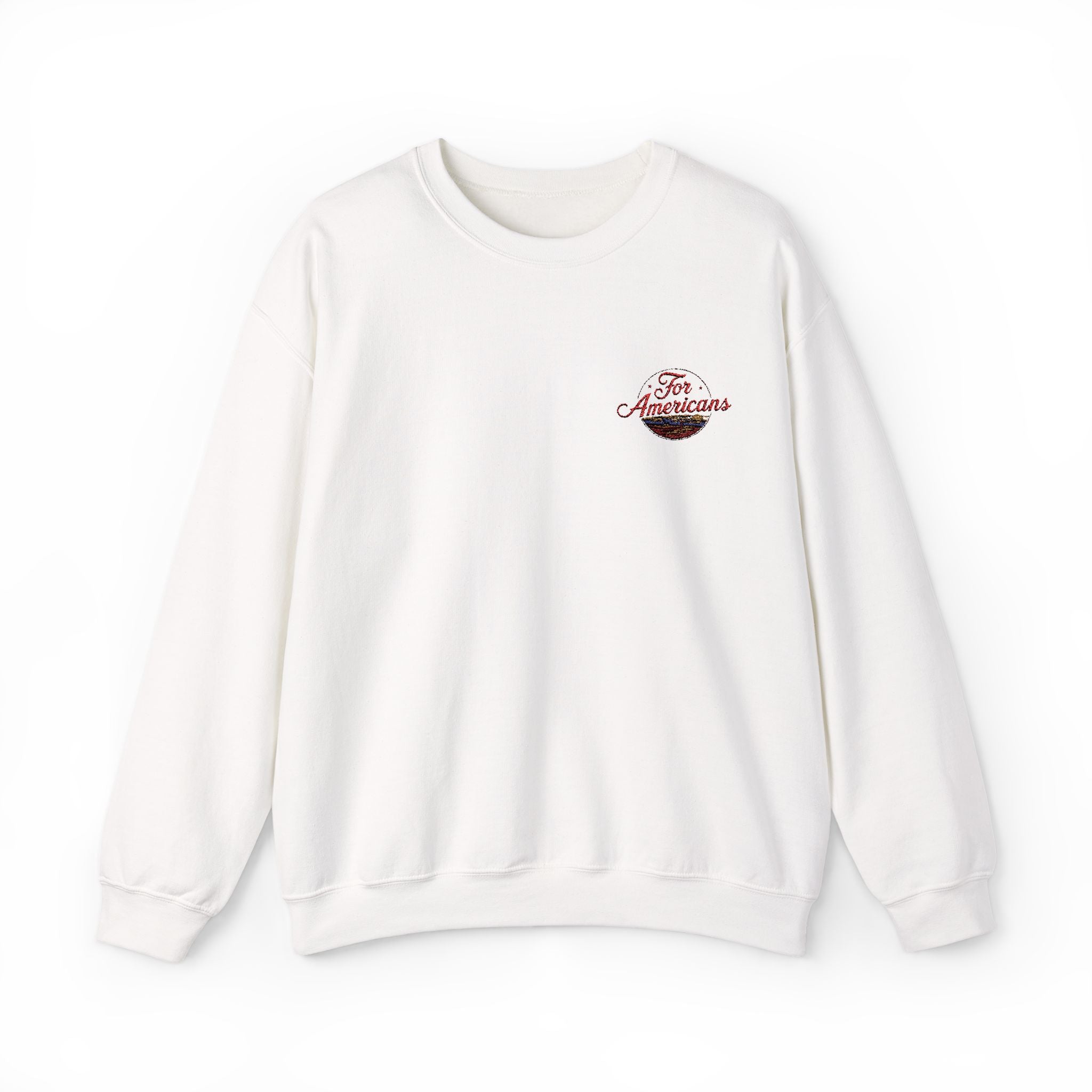 A white crewneck sweatshirt with a small logo on the left chest area.
