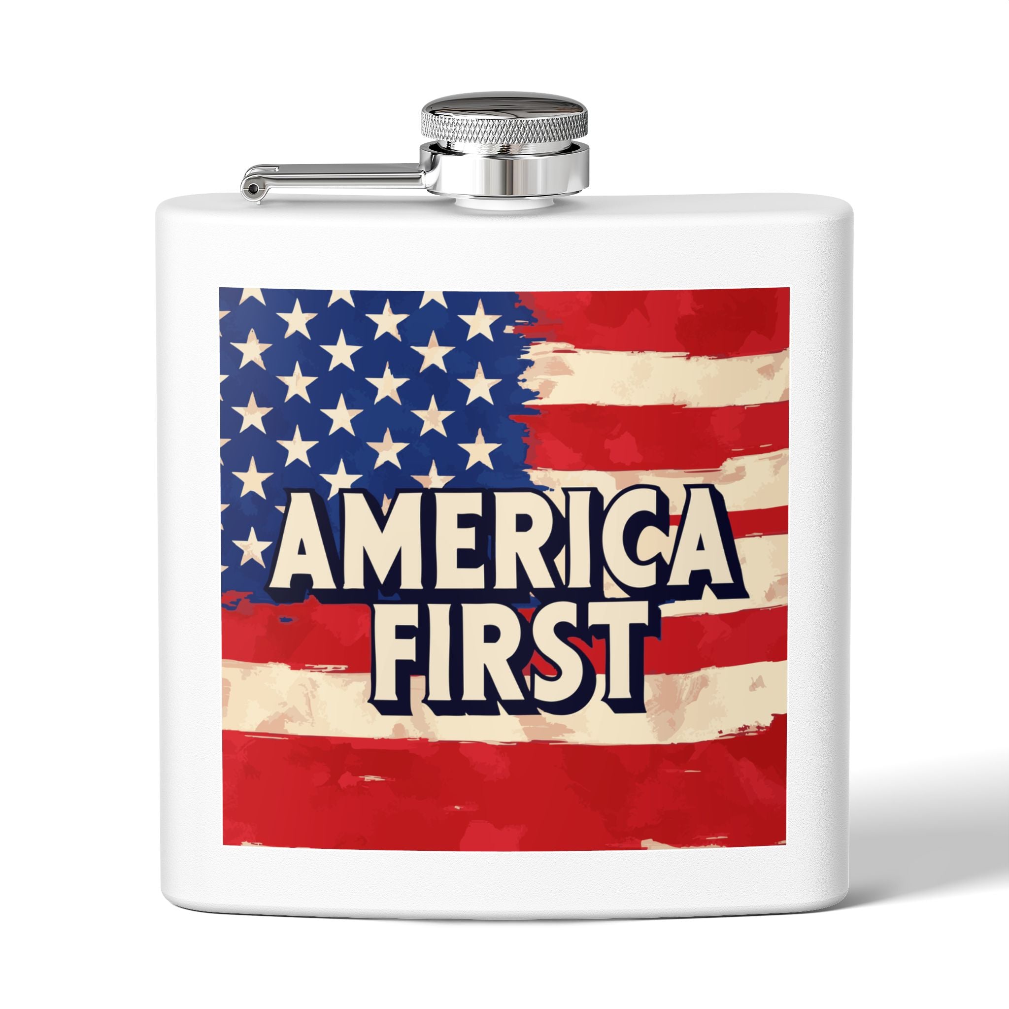 A stainless steel flask with an 'America First' print and the American flag in the background.