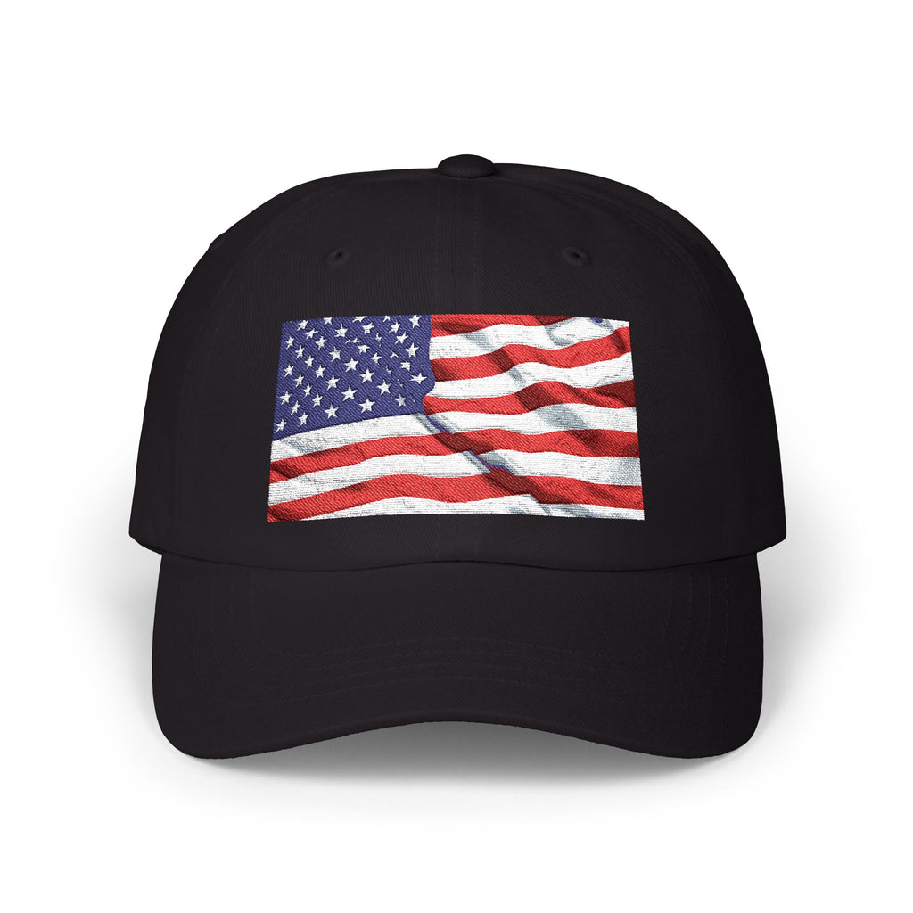 Black usa cap with American flag design on a white background