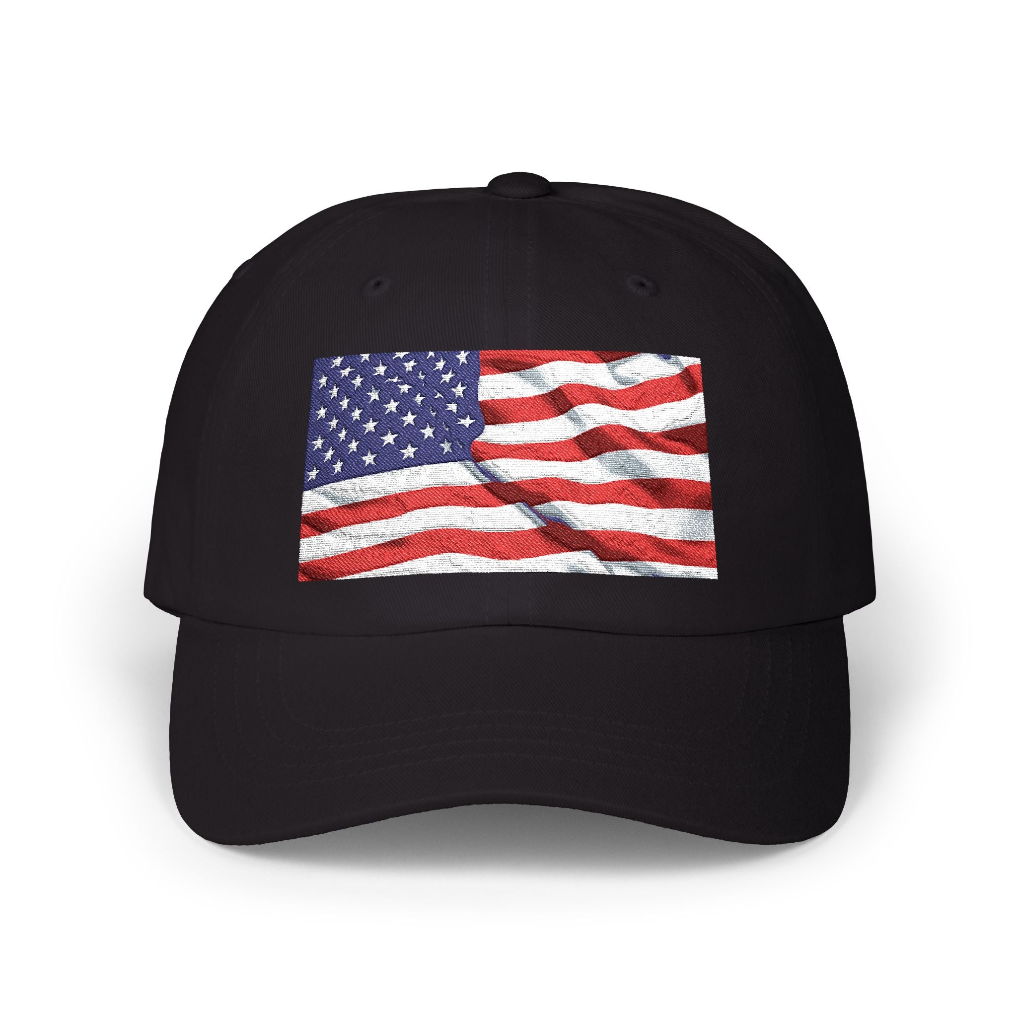 Black usa cap with American flag design on a white background