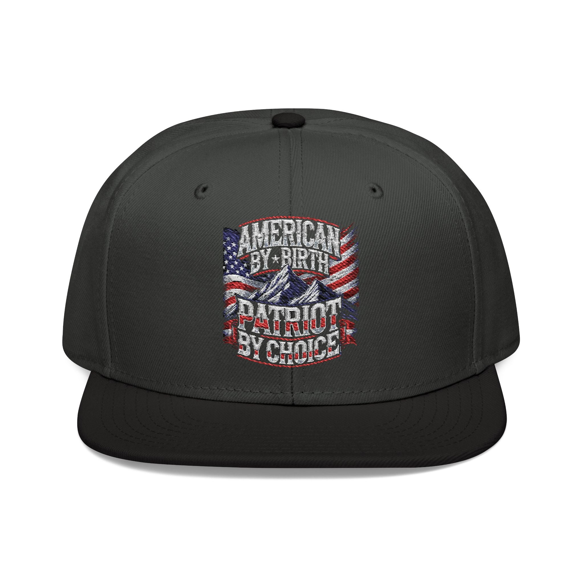 Grey and black 6 panel snapback trucker hat/trucker cap with text "AMERICAN BY BIRTH, PATRIOT BY CHOICE" with American flag and mountains #americanflag #USAflag #American #MadeinAmerica #MadeinUSA #USA #USApride #America  #americanmade #americanmadeproduct #americanmadeproducts #productsmadeinAmerica #USAmade #productmadeinUSA #productsmadeinUSA
