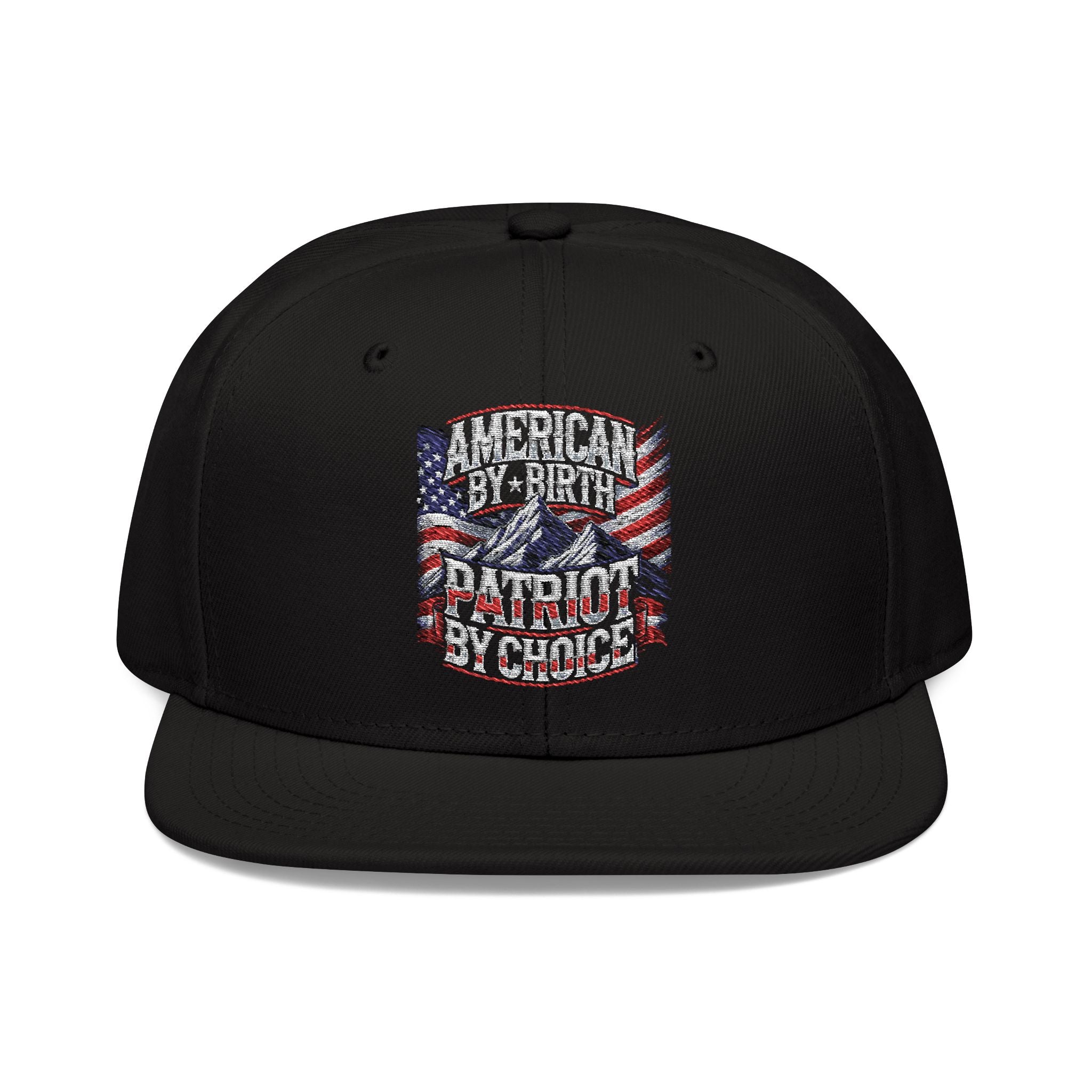 Black 6 panel snapback trucker hat/trucker cap with text "AMERICAN BY BIRTH, PATRIOT BY CHOICE" with American flag and mountains #americanflag #USAflag #American #MadeinAmerica #MadeinUSA #USA #USApride #America  #americanmade #americanmadeproduct #americanmadeproducts #productsmadeinAmerica #USAmade #productmadeinUSA #productsmadeinUSA

