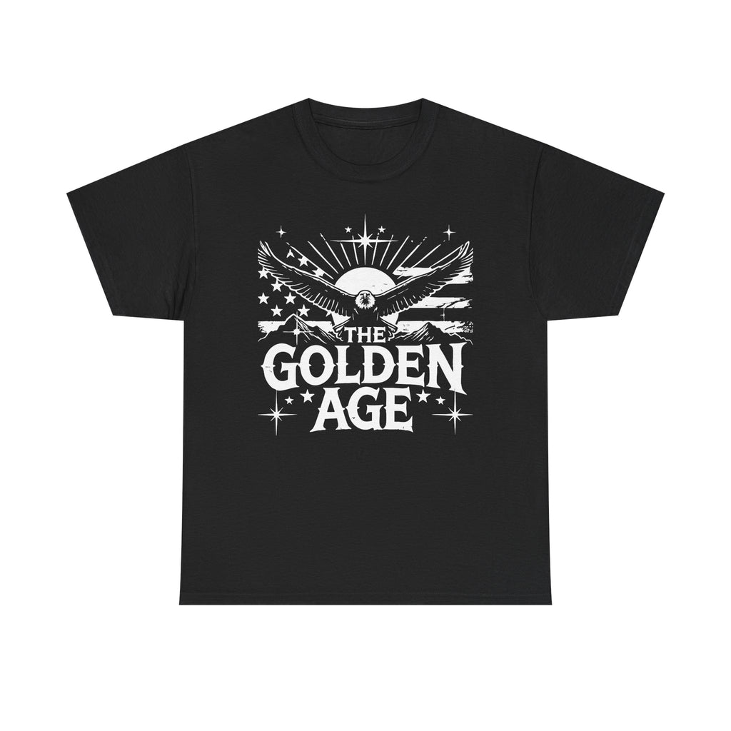 A black crew neck t-shirt with a graphic print in the center that reads 'THE GOLDEN AGE' with wings and stars around it.