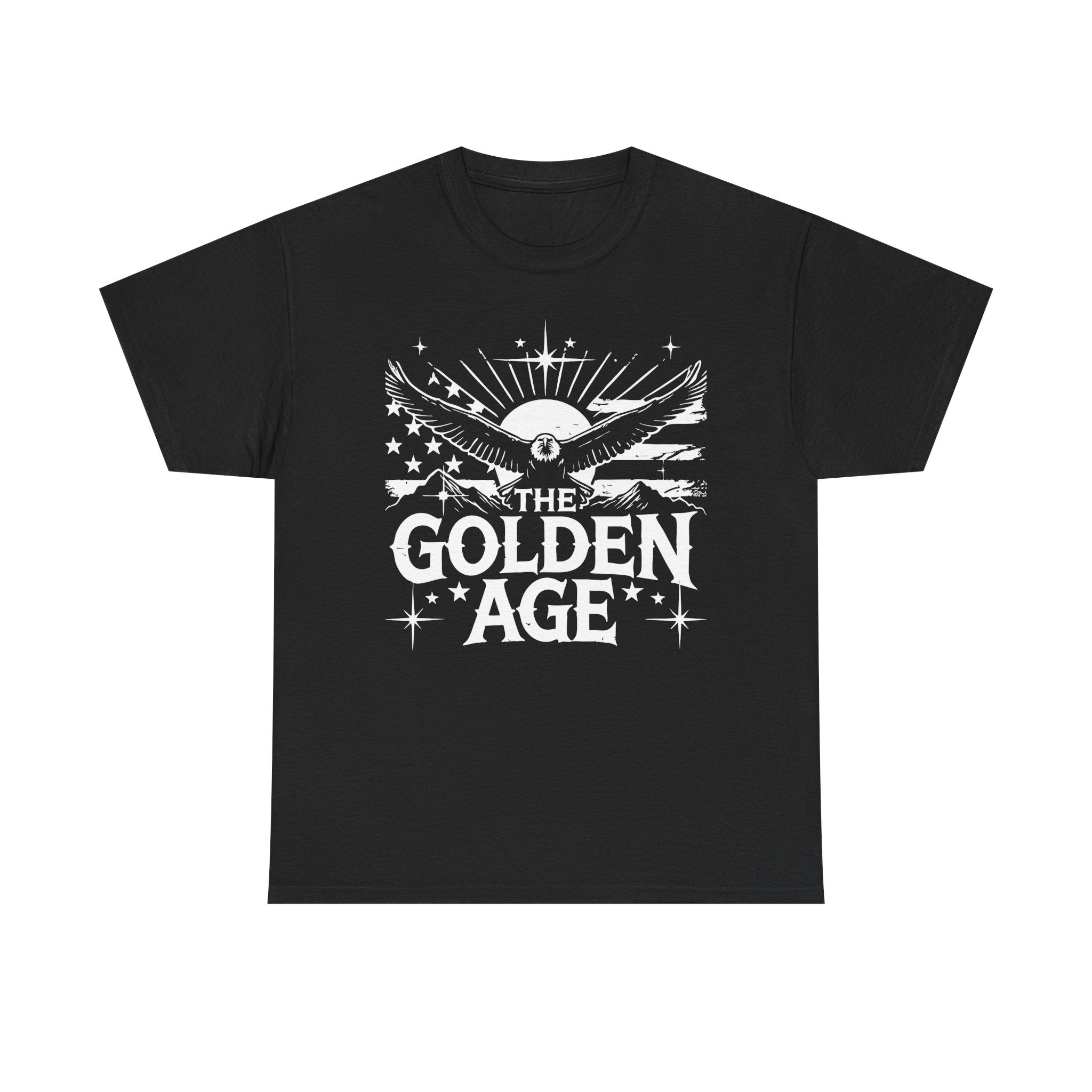 A black crew neck t-shirt with a graphic print in the center that reads 'THE GOLDEN AGE' with wings and stars around it.