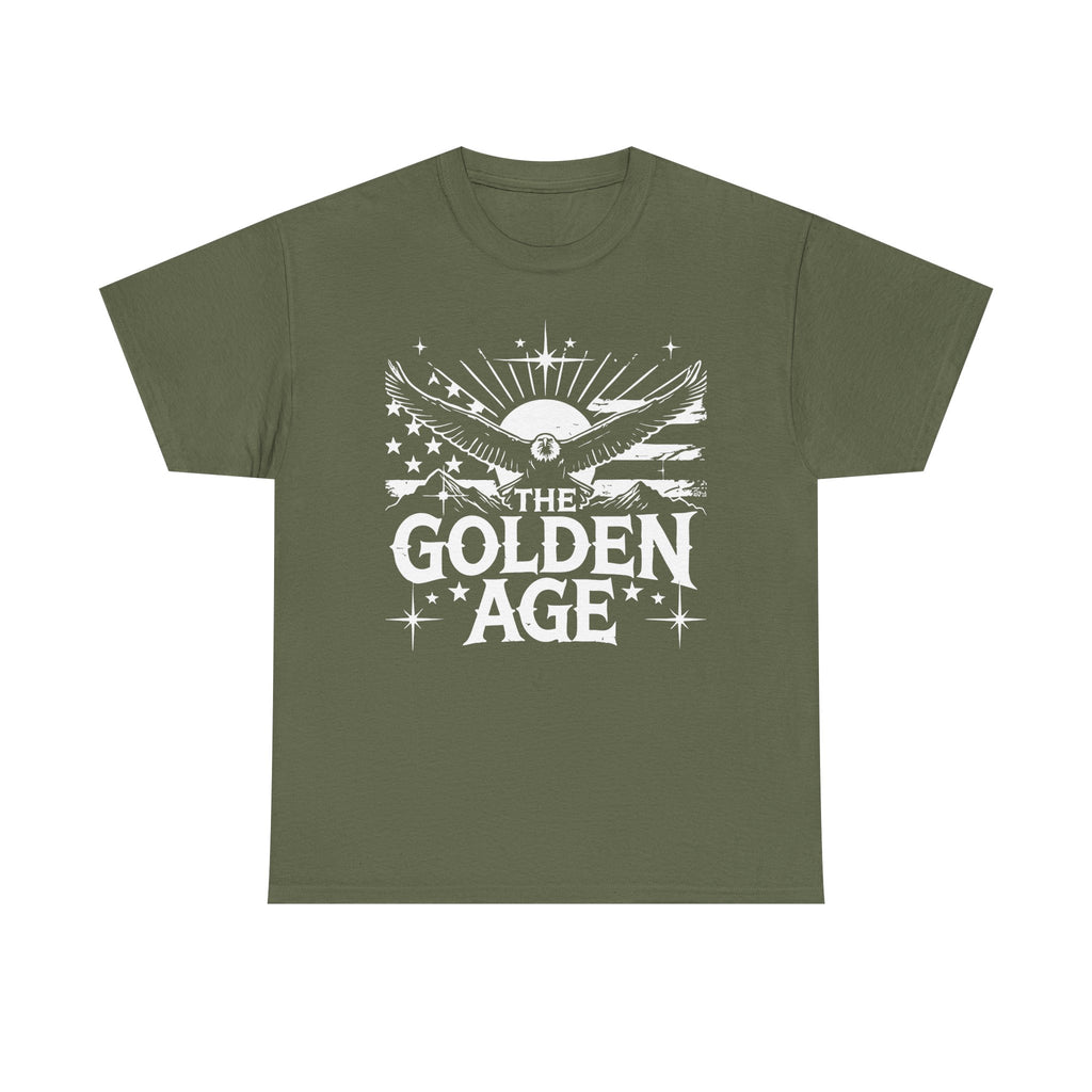 A black crew neck t-shirt with a graphic print in the center that reads 'THE GOLDEN AGE' with wings and stars around it.