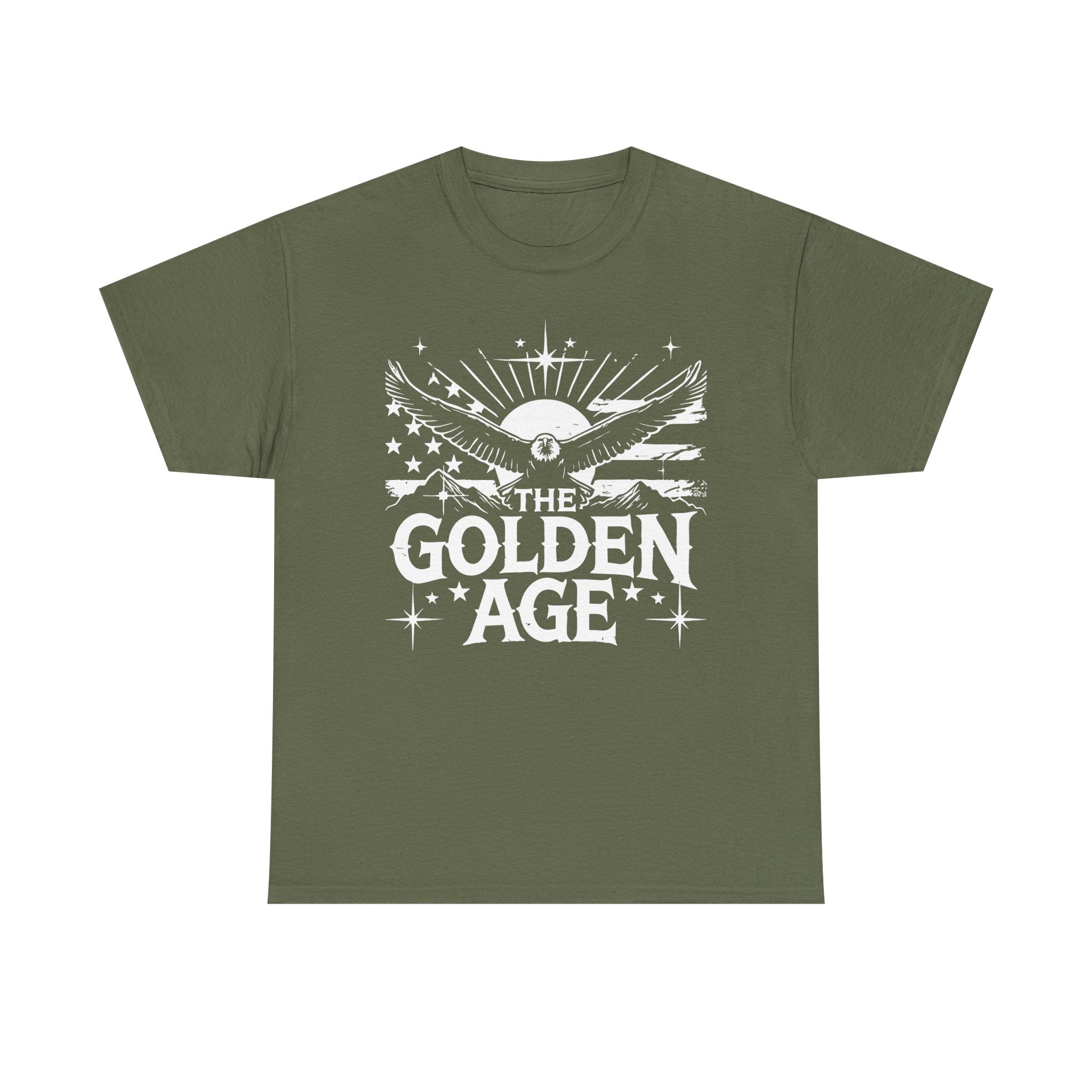 A black crew neck t-shirt with a graphic print in the center that reads 'THE GOLDEN AGE' with wings and stars around it.