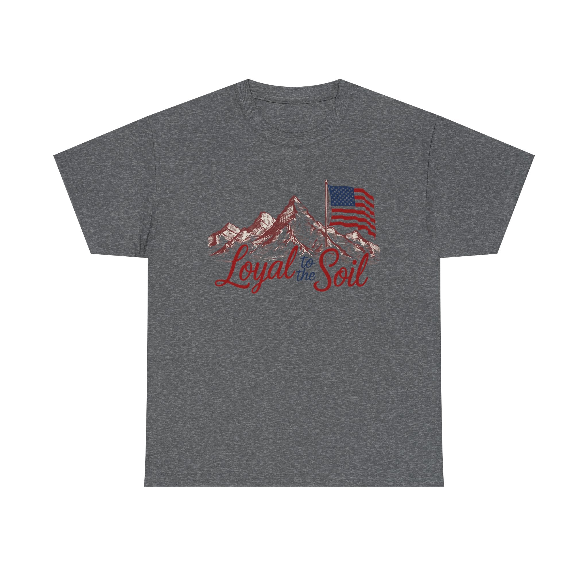 A white unisex heavy cotton t-shirt with a graphic print of mountains and an American flag, along with the text 'Loyal to the Soil'.