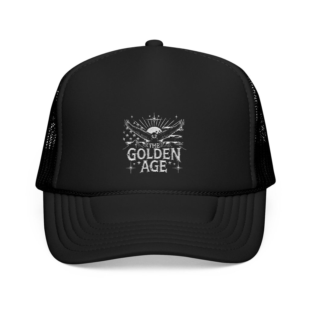 Black 5 panel foam trucket hat with embroidered text design "THE GOLDEN AGE" With bald eagle and stripe design #American #MadeinAmerica #MadeinUSA #USA #USApride #America  #americanmade #americanmadeproduct #americanmadeproducts #productsmadeinAmerica #USAmade #productmadeinUSA #productsmadeinUSA

