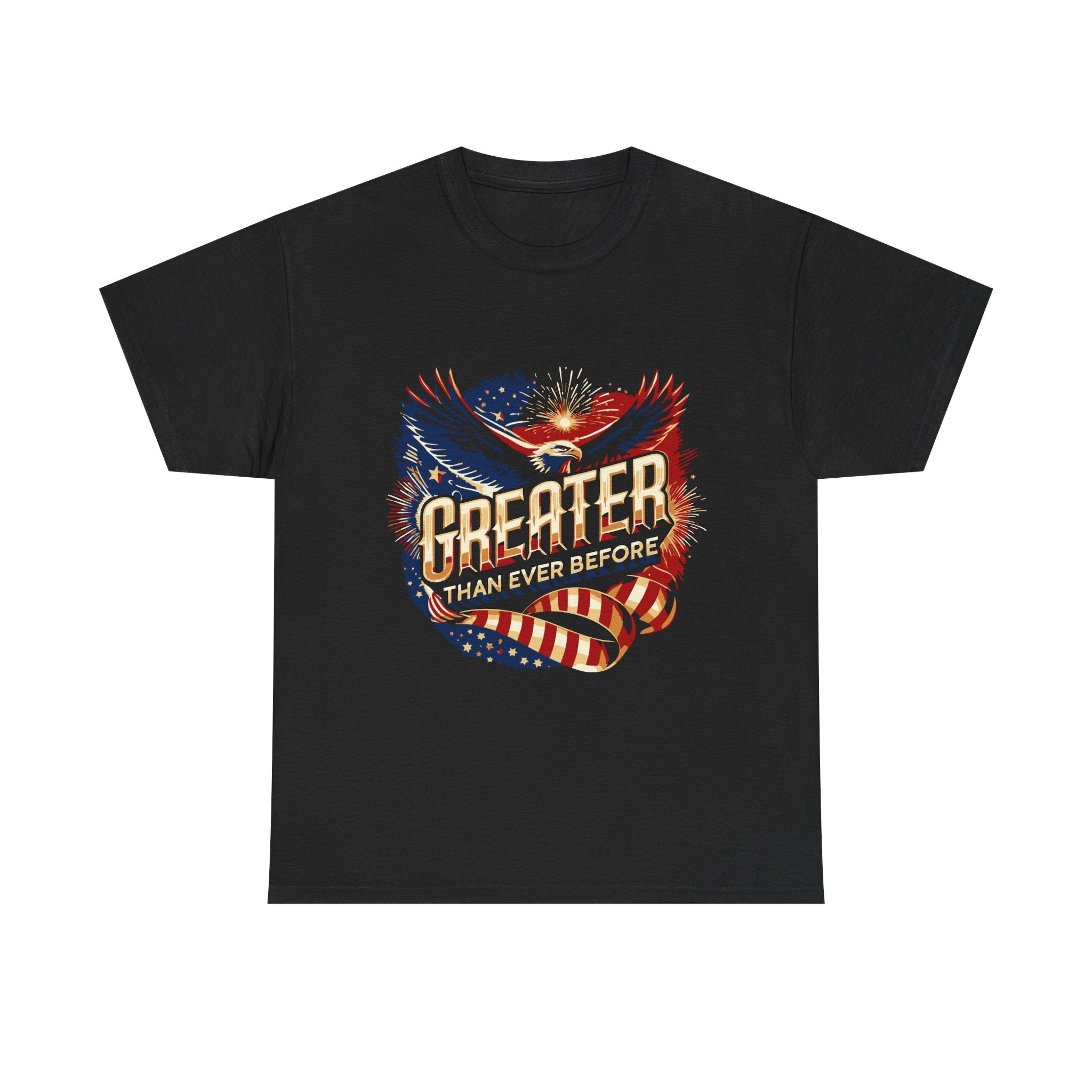 A black crew neck t-shirt with a graphic print of an eagle and the phrase 'GREATER THAN EVER BEFORE'.