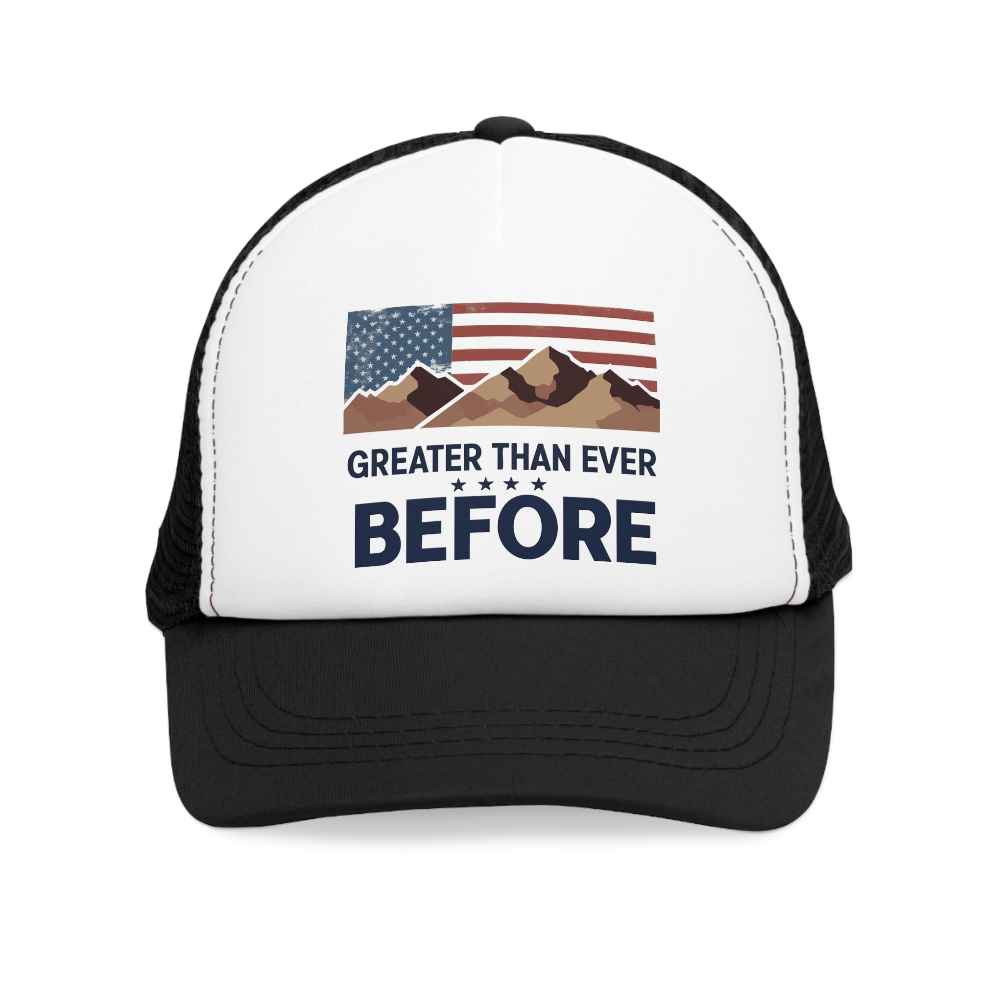 Black and white 5 panel mesh trucker hat/trucker cap with text "GREATER THAN EVER BEFORE" and image with American flag, stripes and stars and brown mountains #Americanflag #Mountains #starsandstripes #stars #stripes #American #MadeinAmerica #MadeinUSA #USA #USApride #America  #americanmade #americanmadeproduct #americanmadeproducts #productsmadeinAmerica #USAmade #productmadeinUSA #productsmadeinUSA

