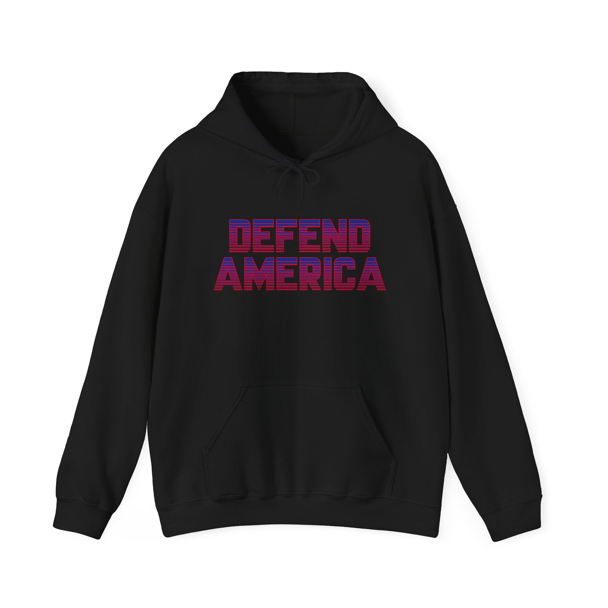 A black hooded sweatshirt with 'DEFEND AMERICA' text in bold, capital letters on the front.