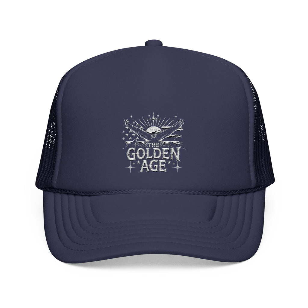 Blue 5 panel foam trucket hat with embroidered text design "THE GOLDEN AGE" With bald eagle and stripe design #American #MadeinAmerica #MadeinUSA #USA #USApride #America  #americanmade #americanmadeproduct #americanmadeproducts #productsmadeinAmerica #USAmade #productmadeinUSA #productsmadeinUSA

