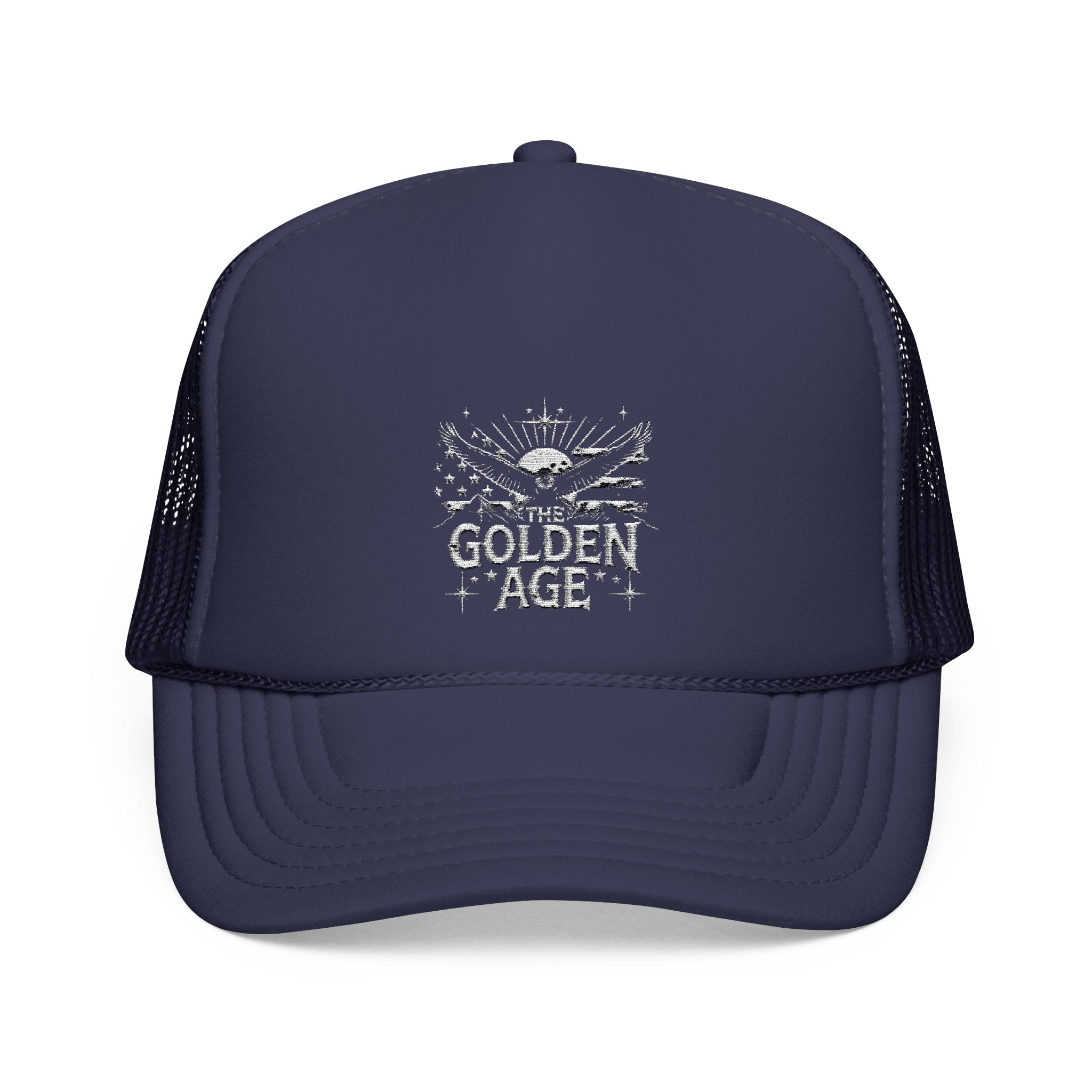 Blue 5 panel foam trucket hat with embroidered text design "THE GOLDEN AGE" With bald eagle and stripe design #American #MadeinAmerica #MadeinUSA #USA #USApride #America  #americanmade #americanmadeproduct #americanmadeproducts #productsmadeinAmerica #USAmade #productmadeinUSA #productsmadeinUSA

