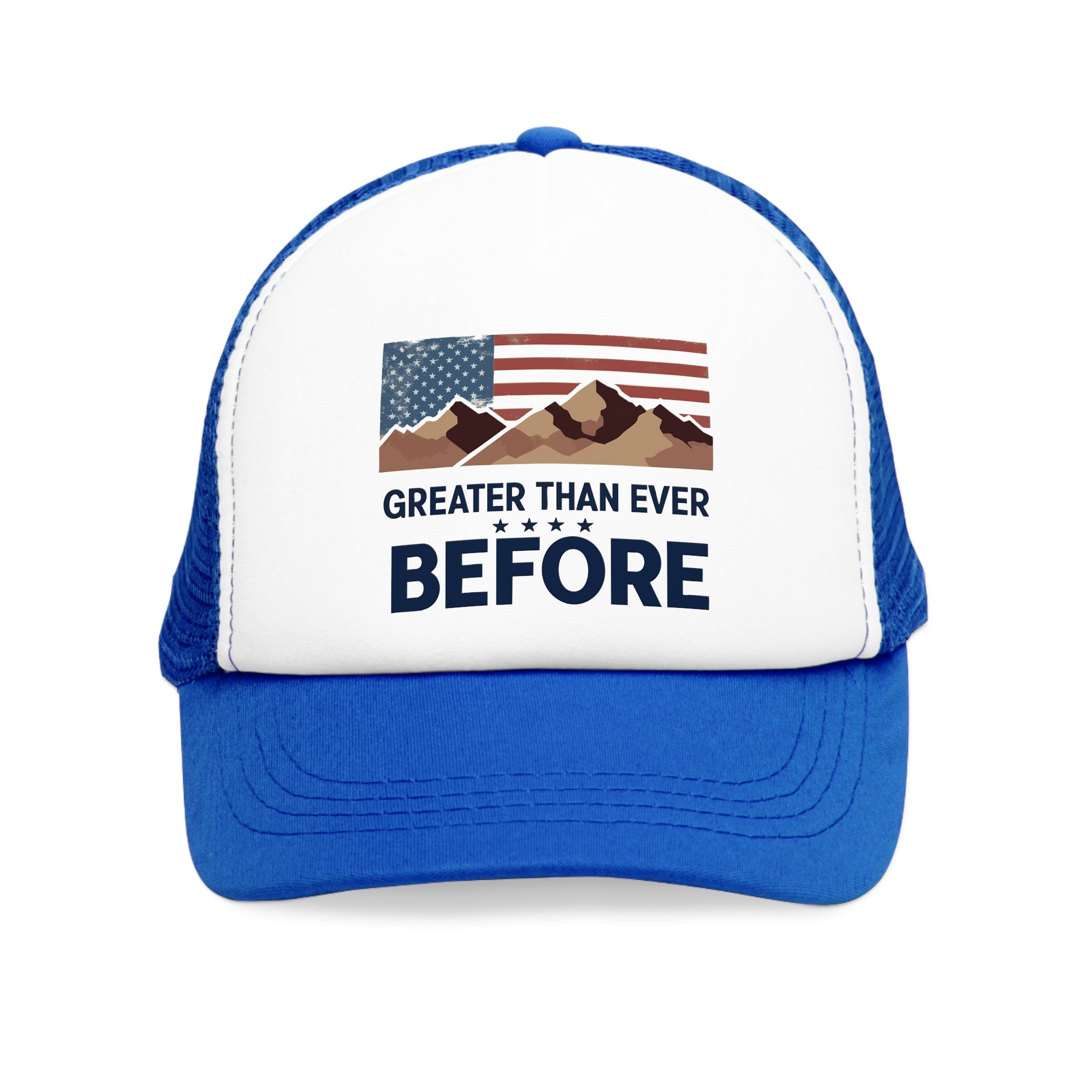Blue and white 5 panel mesh trucker hat/trucker cap with text "GREATER THAN EVER BEFORE" and image with American flag, stripes and stars and brown mountains  
#Americanflag #Mountains #starsandstripes #stars #stripes #American #MadeinAmerica #MadeinUSA #USA #USApride #America  #americanmade #americanmadeproduct #americanmadeproducts #productsmadeinAmerica #USAmade #productmadeinUSA #productsmadeinUSA


