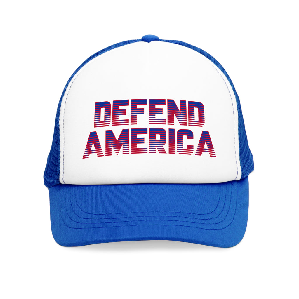 Blue and white 5 panel mesh trucker hat/trucker cap with striped red, white and blue text "DEFEND AMERICA" #American #MadeinAmerica #MadeinUSA #USA #USApride #America  #americanmade #americanmadeproduct #americanmadeproducts #productsmadeinAmerica #USAmade #productmadeinUSA #productsmadeinUSA

