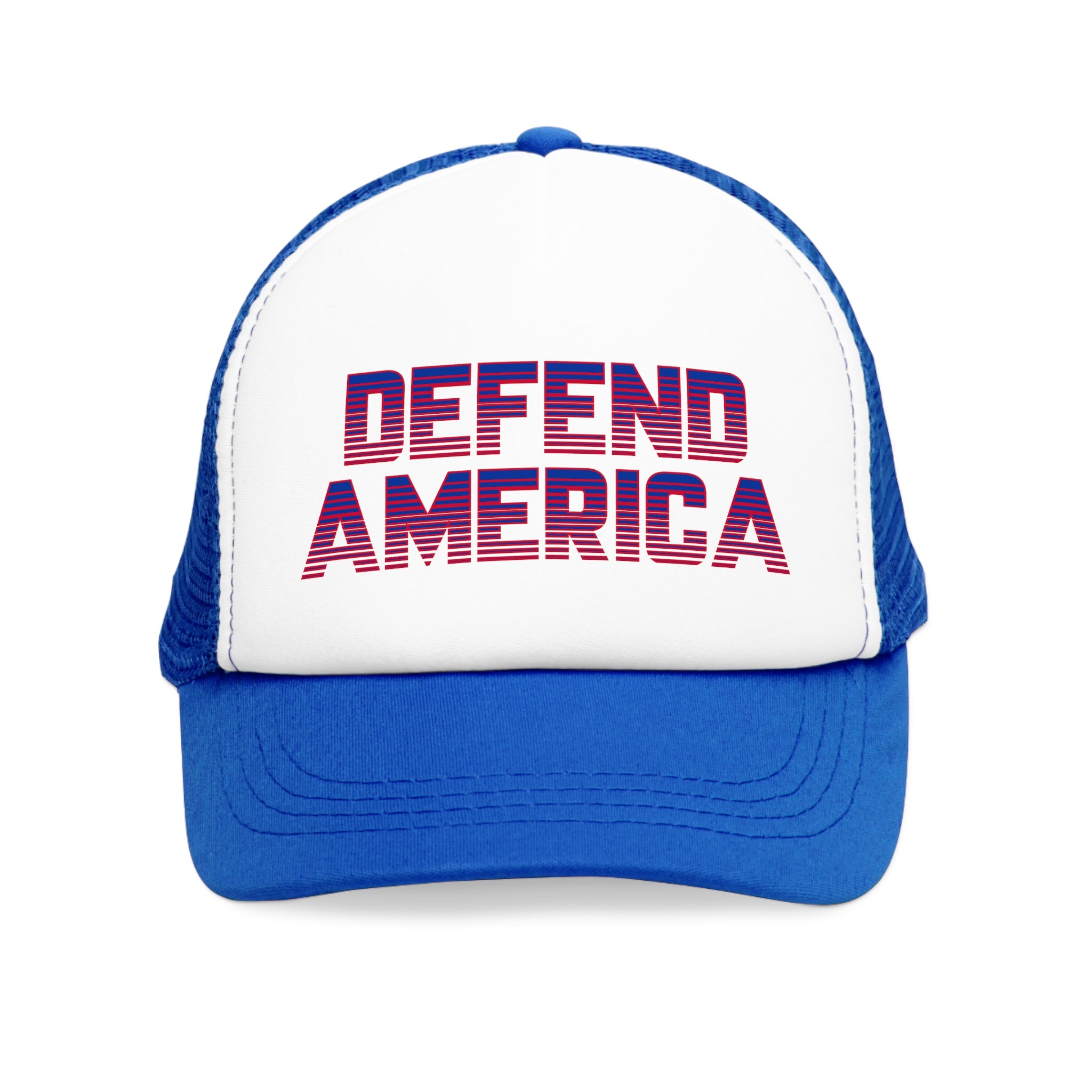 Blue and white 5 panel mesh trucker hat/trucker cap with striped red, white and blue text "DEFEND AMERICA" #American #MadeinAmerica #MadeinUSA #USA #USApride #America  #americanmade #americanmadeproduct #americanmadeproducts #productsmadeinAmerica #USAmade #productmadeinUSA #productsmadeinUSA

