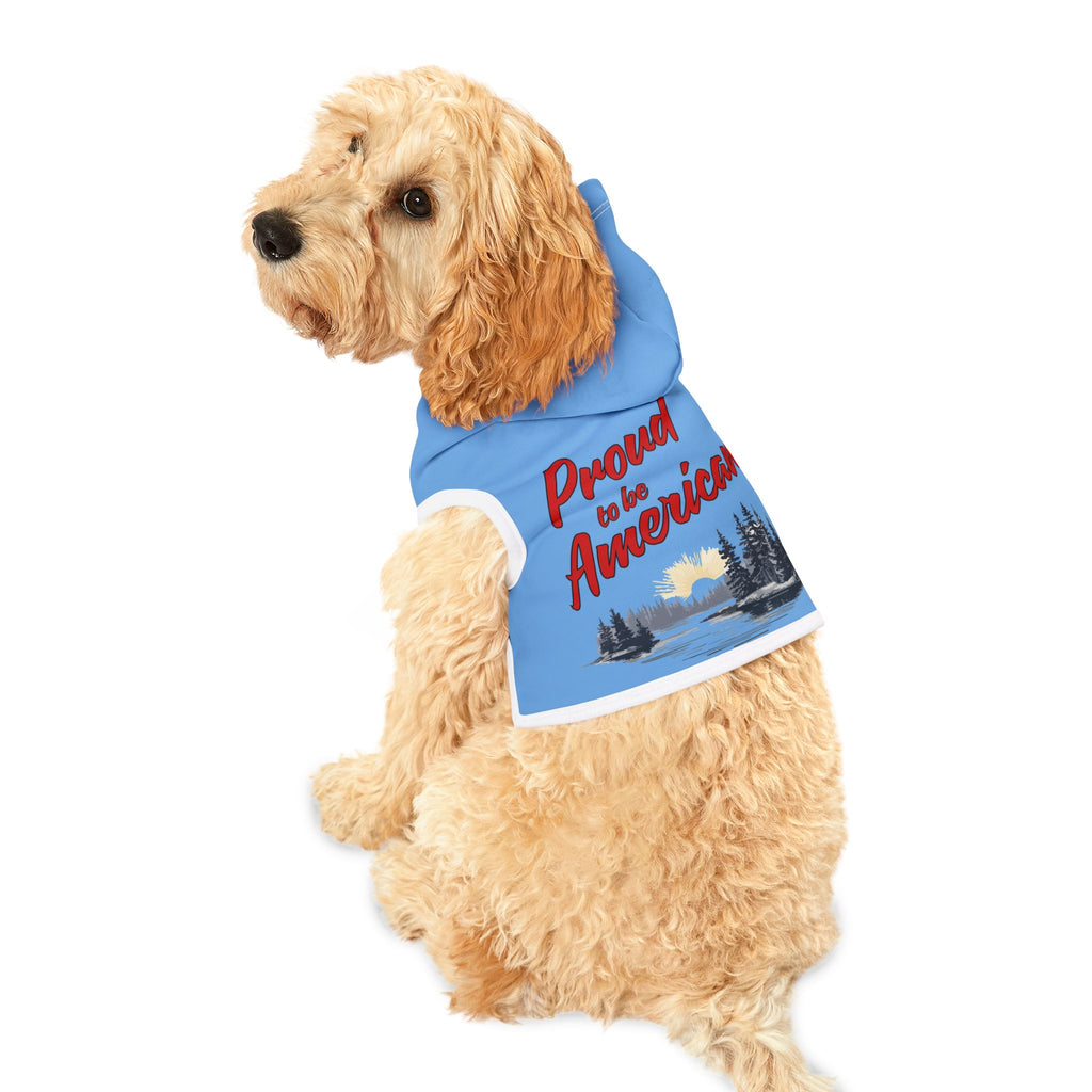 Blue pet hoodie with white trim border and red text "Proud to be American" with grey pine trees, lake and sun image #ProudtobeAmerican #American #MadeinAmerica #MadeinUSA #USA #USApride #America #AmericanBorder #lake #sun #trees #pinetrees #doghoodie #dog #americanmade #americanmadeproduct #americanmadeproducts #americanmade #americanmadeproduct #americanmadeproducts #productsmadeinAmerica #productmadeinUSA #productsmadeinUSA
