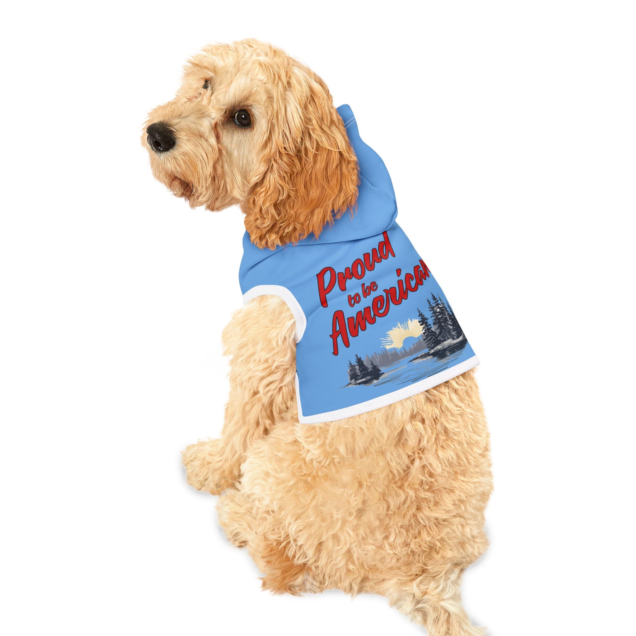 Blue pet hoodie with white trim border and red text "Proud to be American" with grey pine trees, lake and sun image #ProudtobeAmerican #American #MadeinAmerica #MadeinUSA #USA #USApride #America #AmericanBorder #lake #sun #trees #pinetrees #doghoodie #dog #americanmade #americanmadeproduct #americanmadeproducts #americanmade #americanmadeproduct #americanmadeproducts #productsmadeinAmerica #productmadeinUSA #productsmadeinUSA
