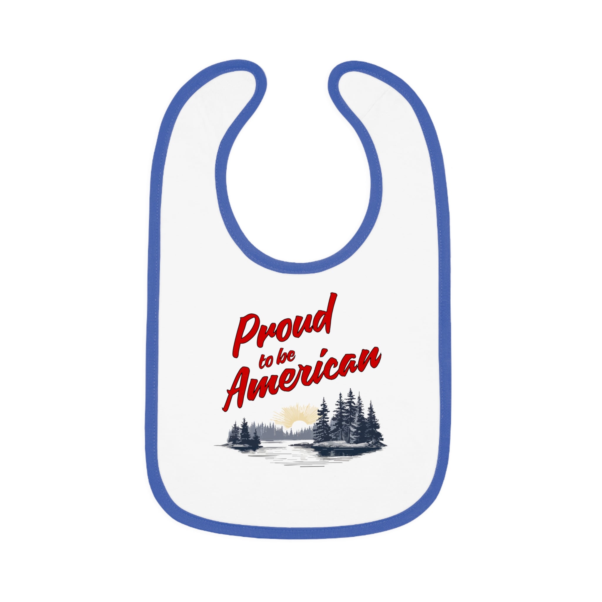 A white baby bib with red contrast trim and a graphic that says 'Proud to be American' with a scenic background.