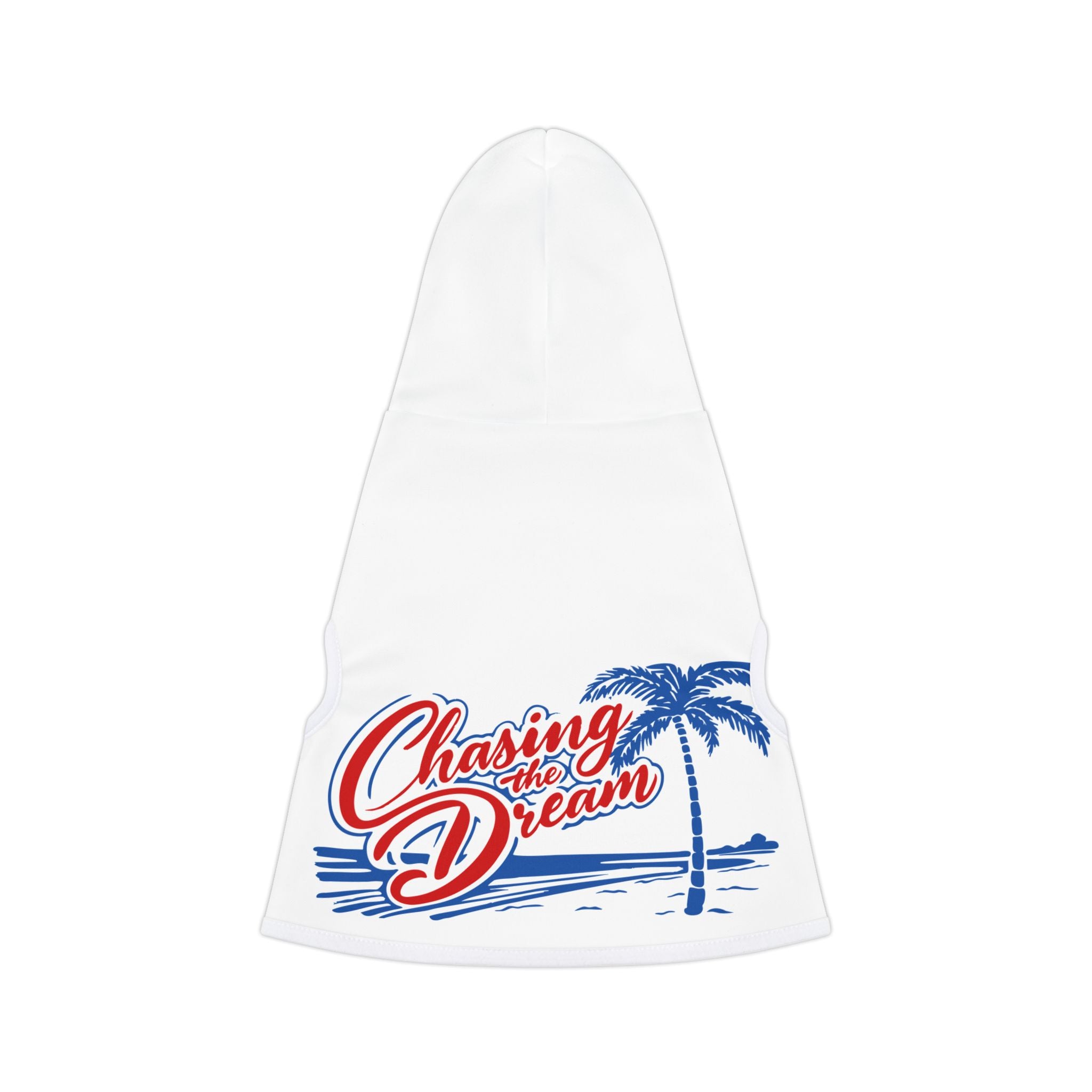 White pet hoodie with red text with blue outline "Chasing the Dream" with blue palm tree, ocean and sand art graphic #chasingthedream #American #MadeinAmerica #MadeinUSA #USA #USApride #America #beach #palm tree #ocean #USAflag #doghoodie #dog #dogs #pethoodie #pet #pets #americanmade #americanmadeproduct #americanmadeproducts  #productsmadeinAmerica #productmadeinUSA #productsmadeinUSA

