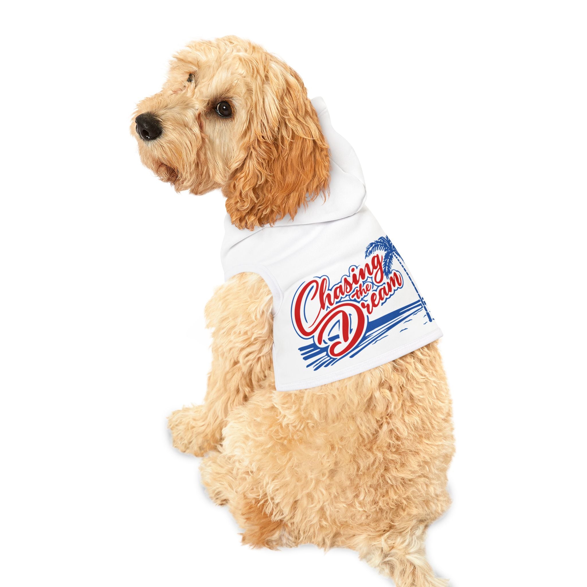 White pet hoodie with red text with blue outline "Chasing the Dream" with blue palm tree, ocean and sand art graphic on dog #chasingthedream #American #MadeinAmerica #MadeinUSA MadeintheUSA #USA #USApride #America #beach #palm tree #ocean #USAflag #doghoodie #dog #dogs #pethoodie #pet #pets #americanmade #americanmadeproduct #americanmadeproducts #americanmade #americanmadeproduct #americanmadeproducts  #productsmadeinAmerica #productmadeinUSA #productsmadeinUSA
