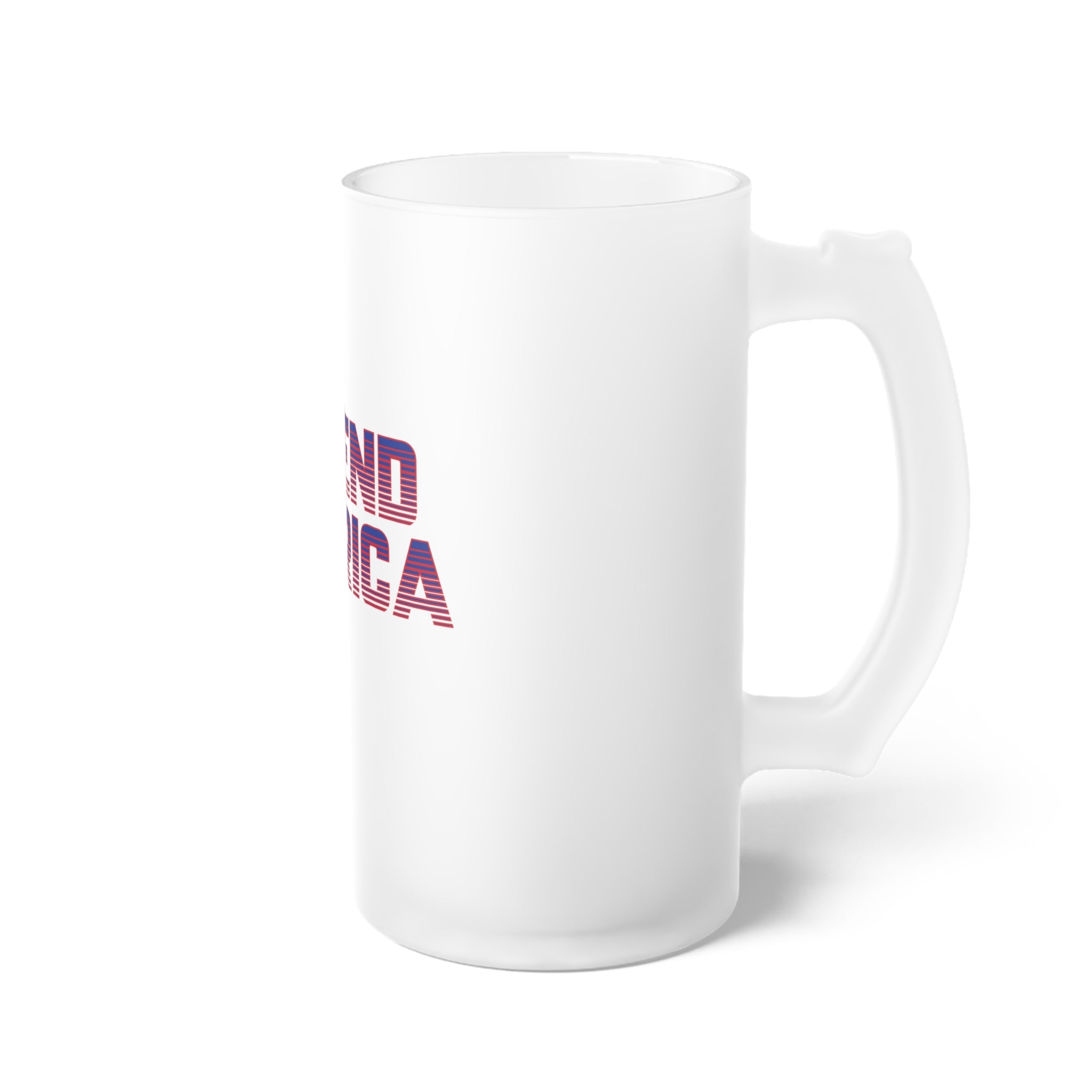 White mug with 'DEFEND AMERICA BEER MUG 16 OZ' text on a white background