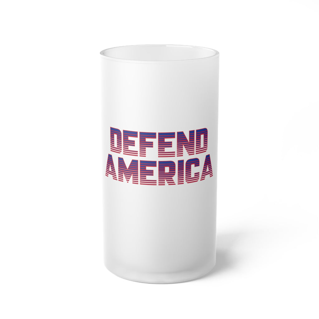 A frosted glass beer mug with 'DEFEND AMERICA' printed in red and blue stripes.