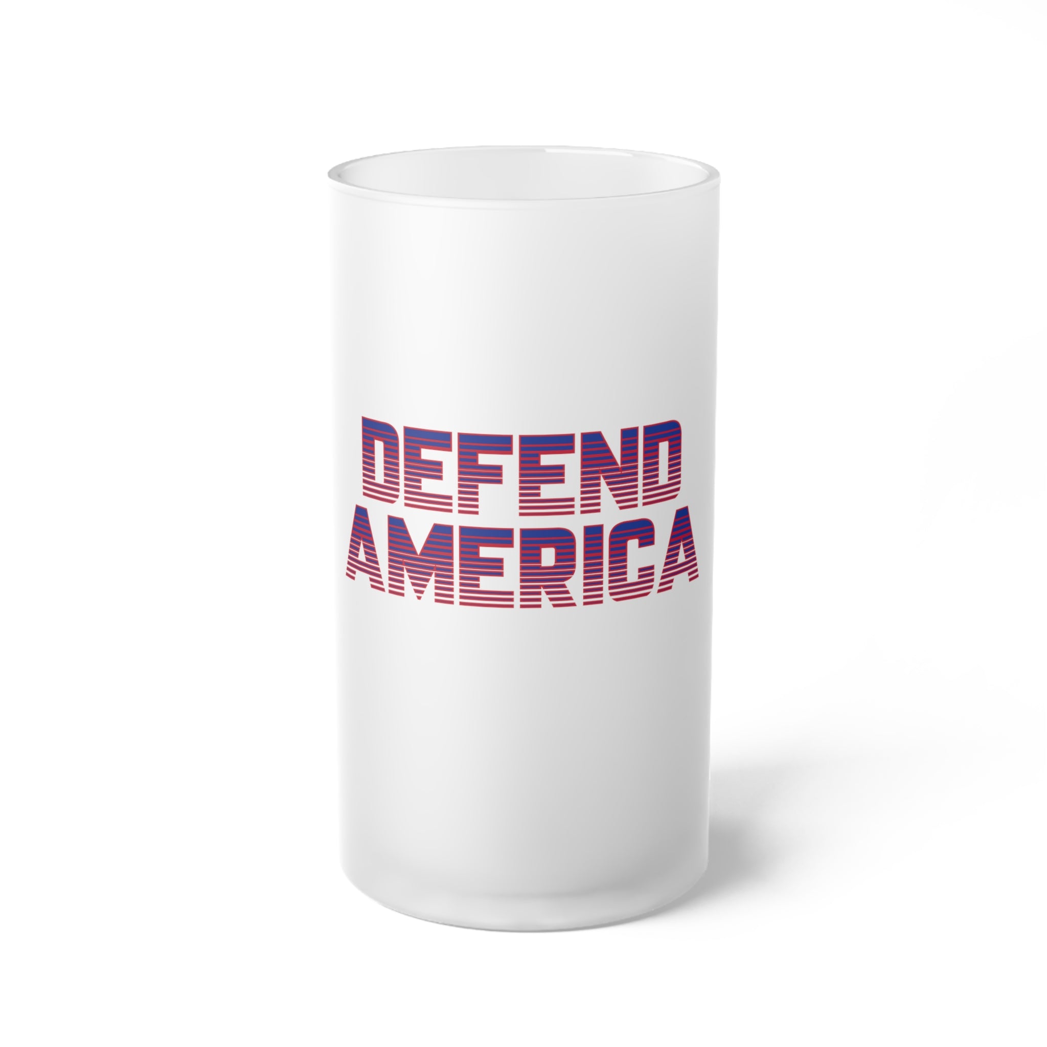 A frosted glass beer mug with 'DEFEND AMERICA' printed in red and blue stripes.