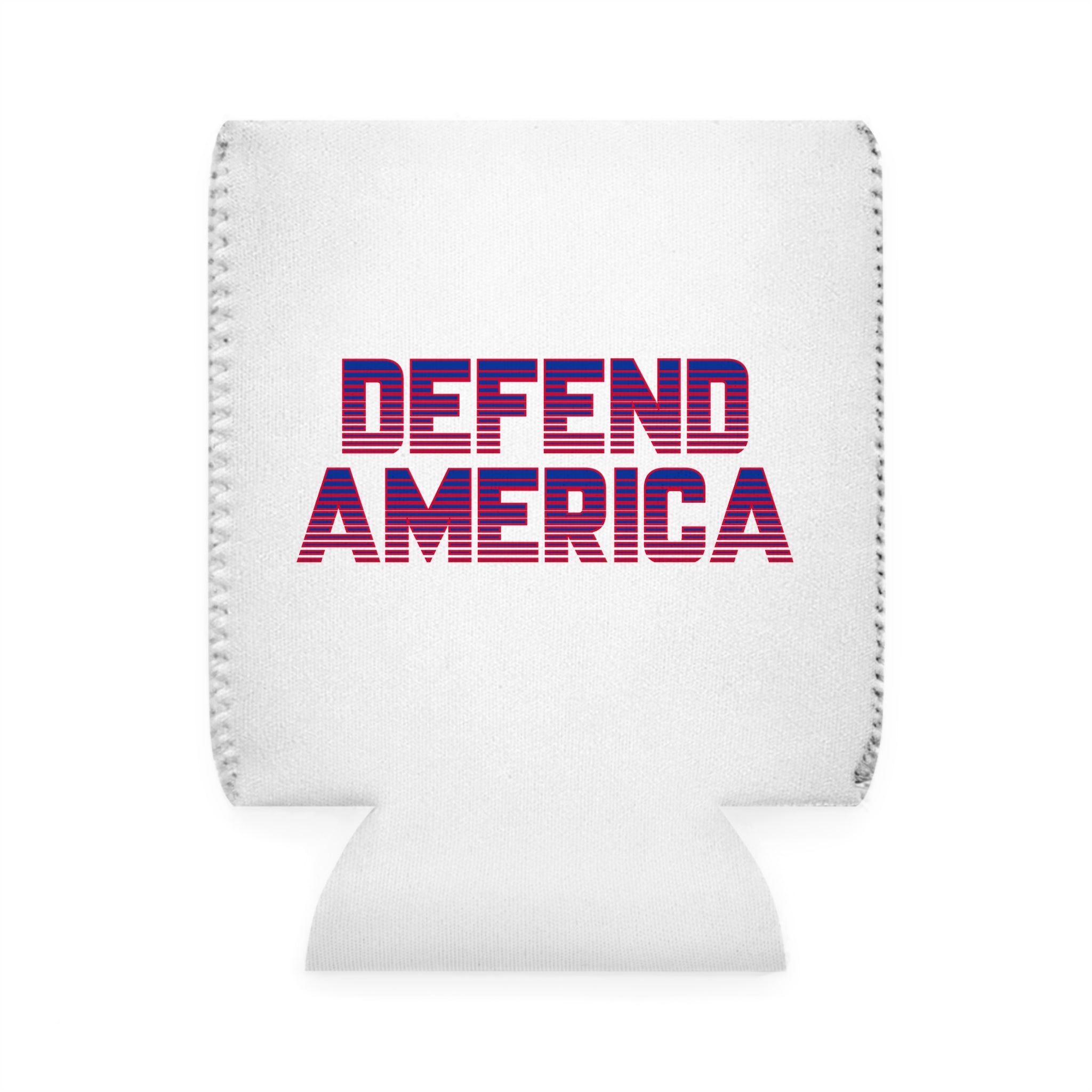 A white can cooler sleeve with 'DEFEND AMERICA' printed in red and blue text.