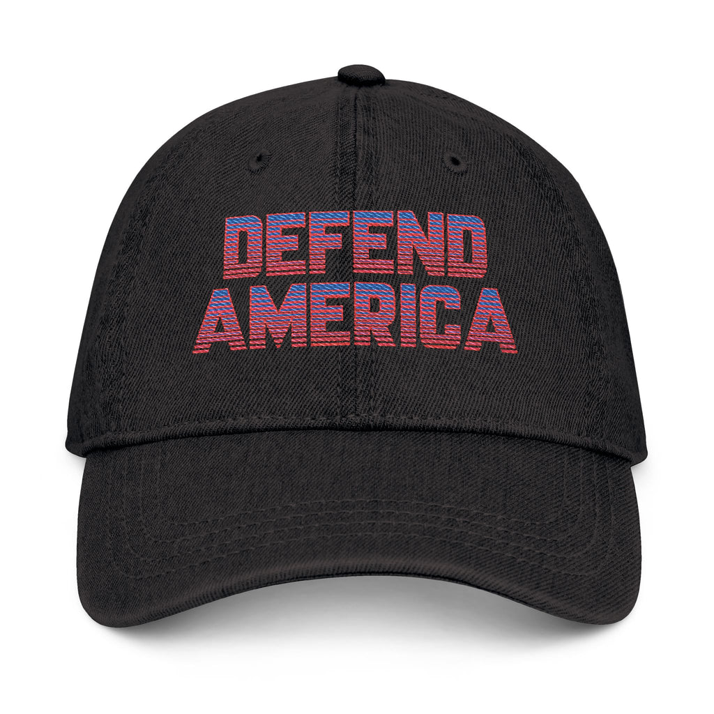 Denim 6 panel dat hat with red, white and blue striped text "DEFEND AMERICA"  #American #MadeinAmerica #MadeinUSA #USA #USApride #America  #americanmade #americanmadeproduct #americanmadeproducts #productsmadeinAmerica #USAmade #productmadeinUSA #productsmadeinUSA #Americanflag #USAflag