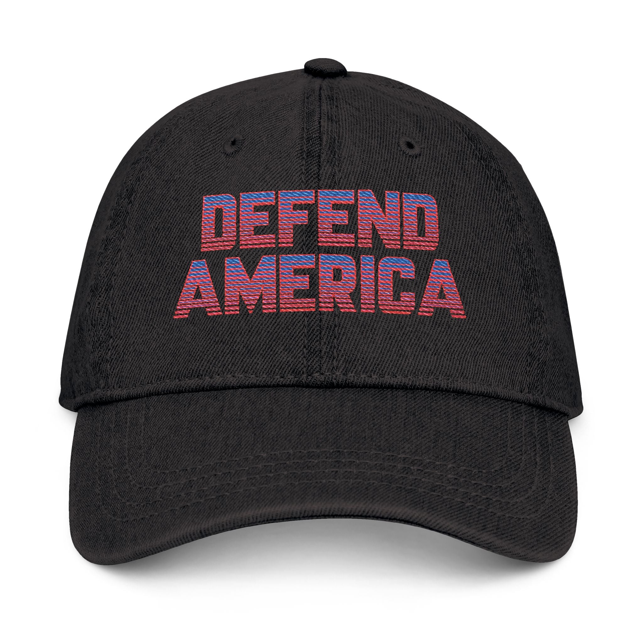 Denim 6 panel dat hat with red, white and blue striped text "DEFEND AMERICA"  #American #MadeinAmerica #MadeinUSA #USA #USApride #America  #americanmade #americanmadeproduct #americanmadeproducts #productsmadeinAmerica #USAmade #productmadeinUSA #productsmadeinUSA #Americanflag #USAflag