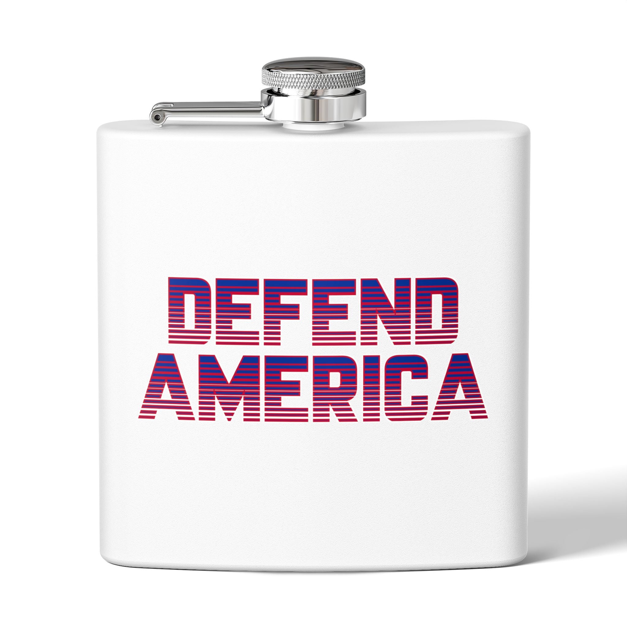 A white stainless steel flask with 'DEFEND AMERICA' text in red and blue stripes on the front.