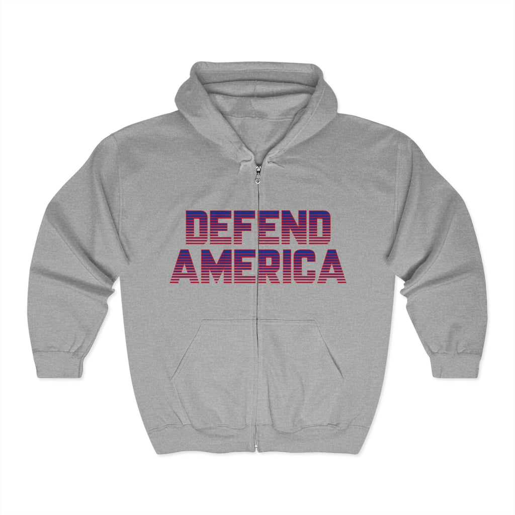 A black unisex full zip hoodie with 'DEFEND AMERICA' text in red and purple on the front.