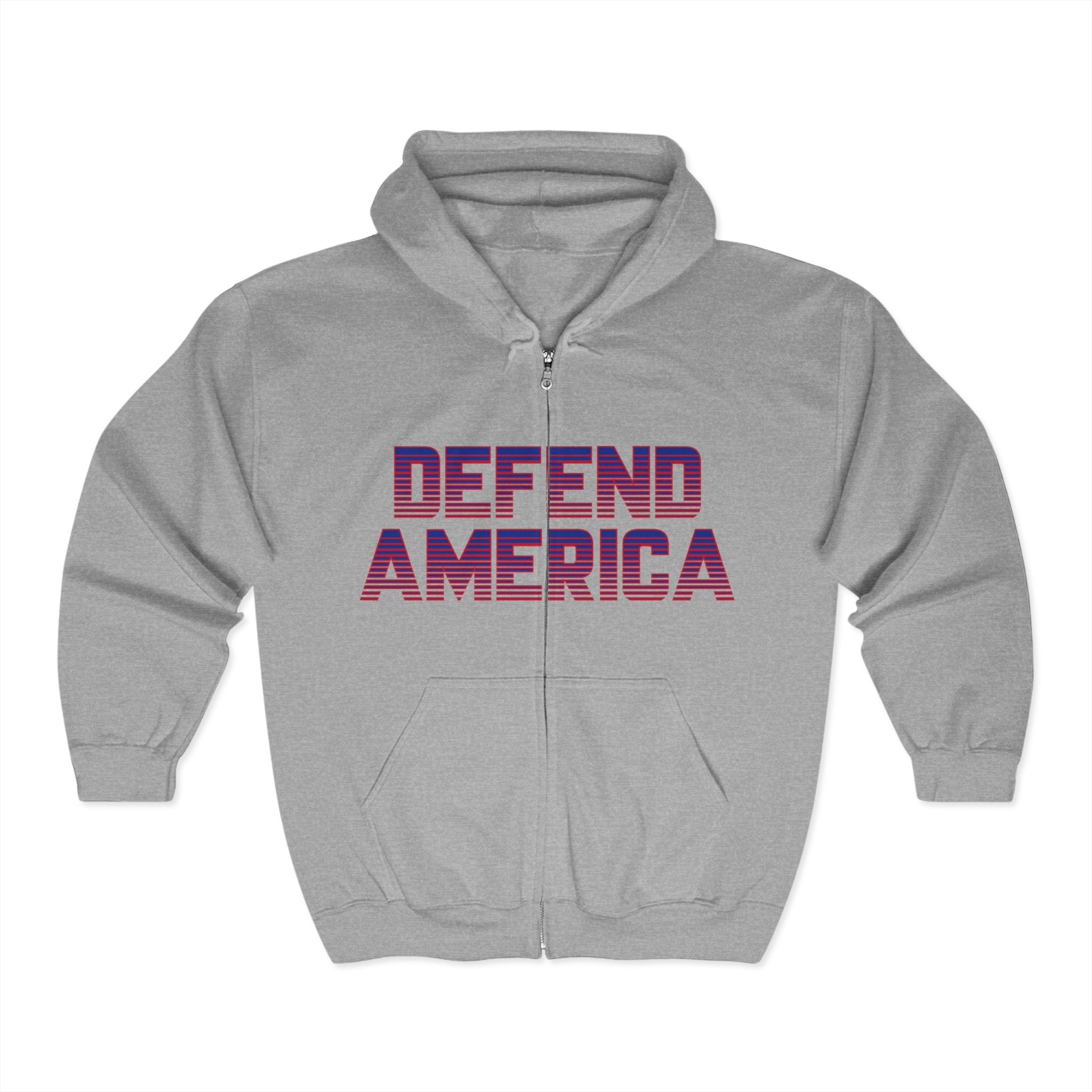 A black unisex full zip hoodie with 'DEFEND AMERICA' text in red and purple on the front.