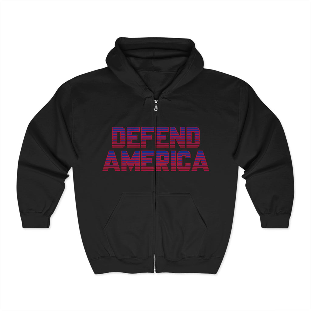A black unisex full zip hoodie with 'DEFEND AMERICA' text in red and purple on the front.