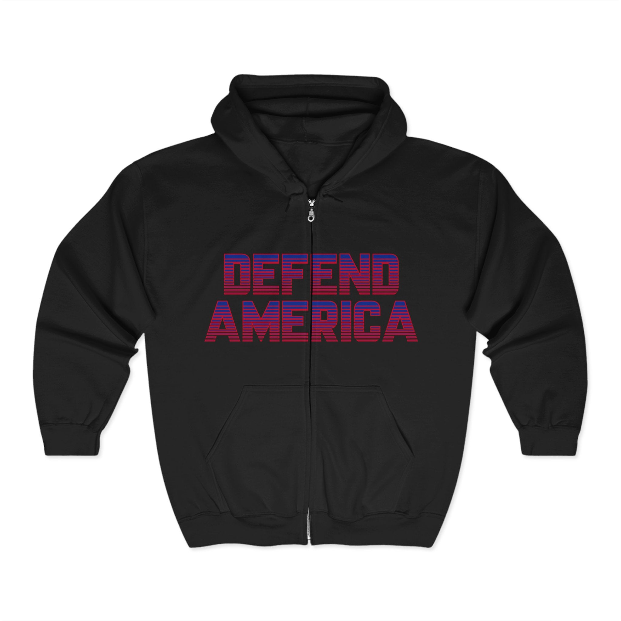 A black unisex full zip hoodie with 'DEFEND AMERICA' text in red and purple on the front.