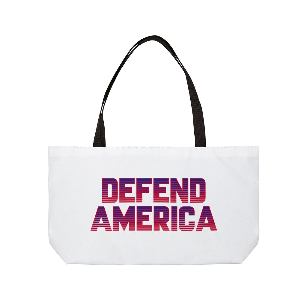 A white weekender tote bag with 'DEFEND AMERICA' printed in red and purple on the front.