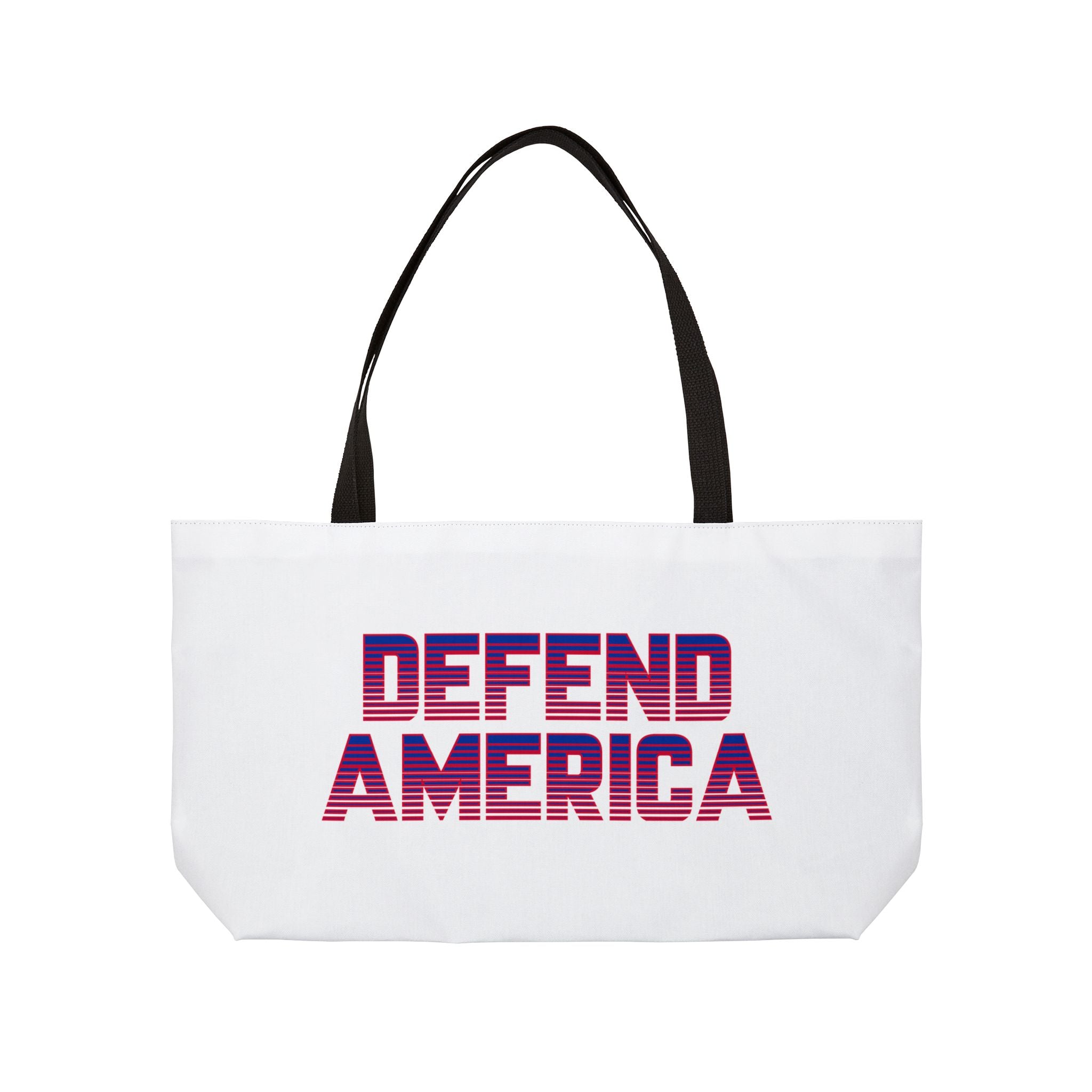 A white weekender tote bag with 'DEFEND AMERICA' printed in red and purple on the front.