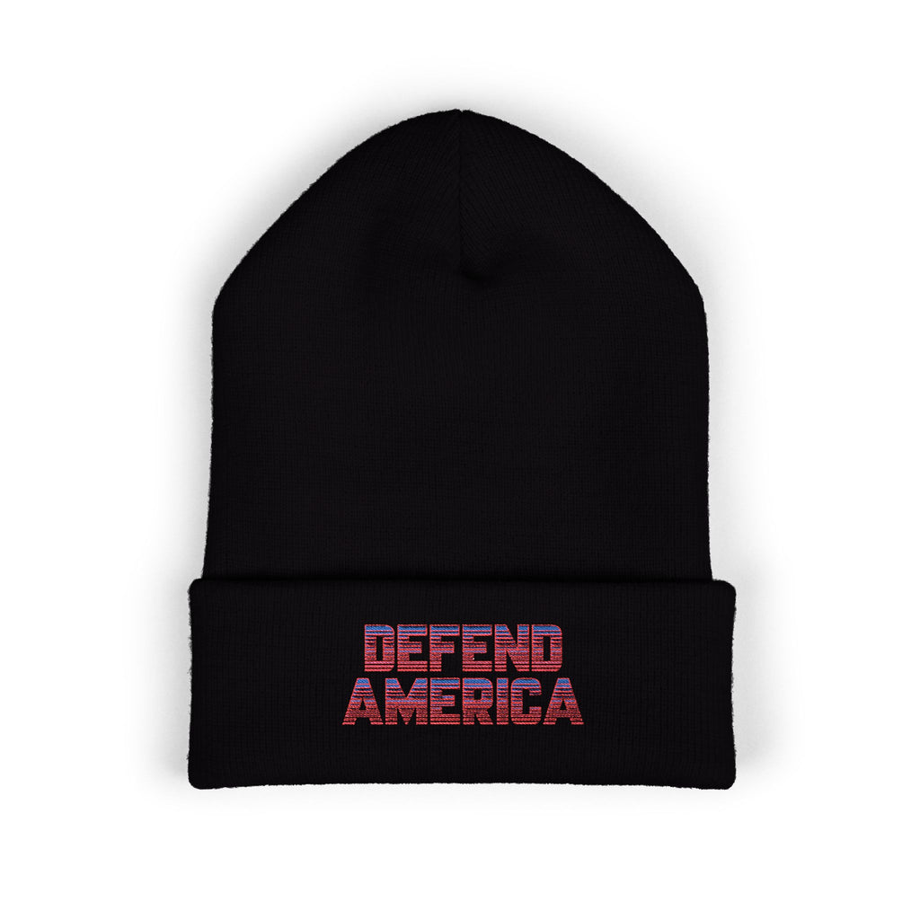 Black beanie with striped red, white and blue text "DEFEND AMERICA" #American #MadeinAmerica #MadeinUSA #USA #USApride #America  #americanmade #americanmadeproduct #americanmadeproducts #productsmadeinAmerica #USAmade #productmadeinUSA #productsmadeinUSA

