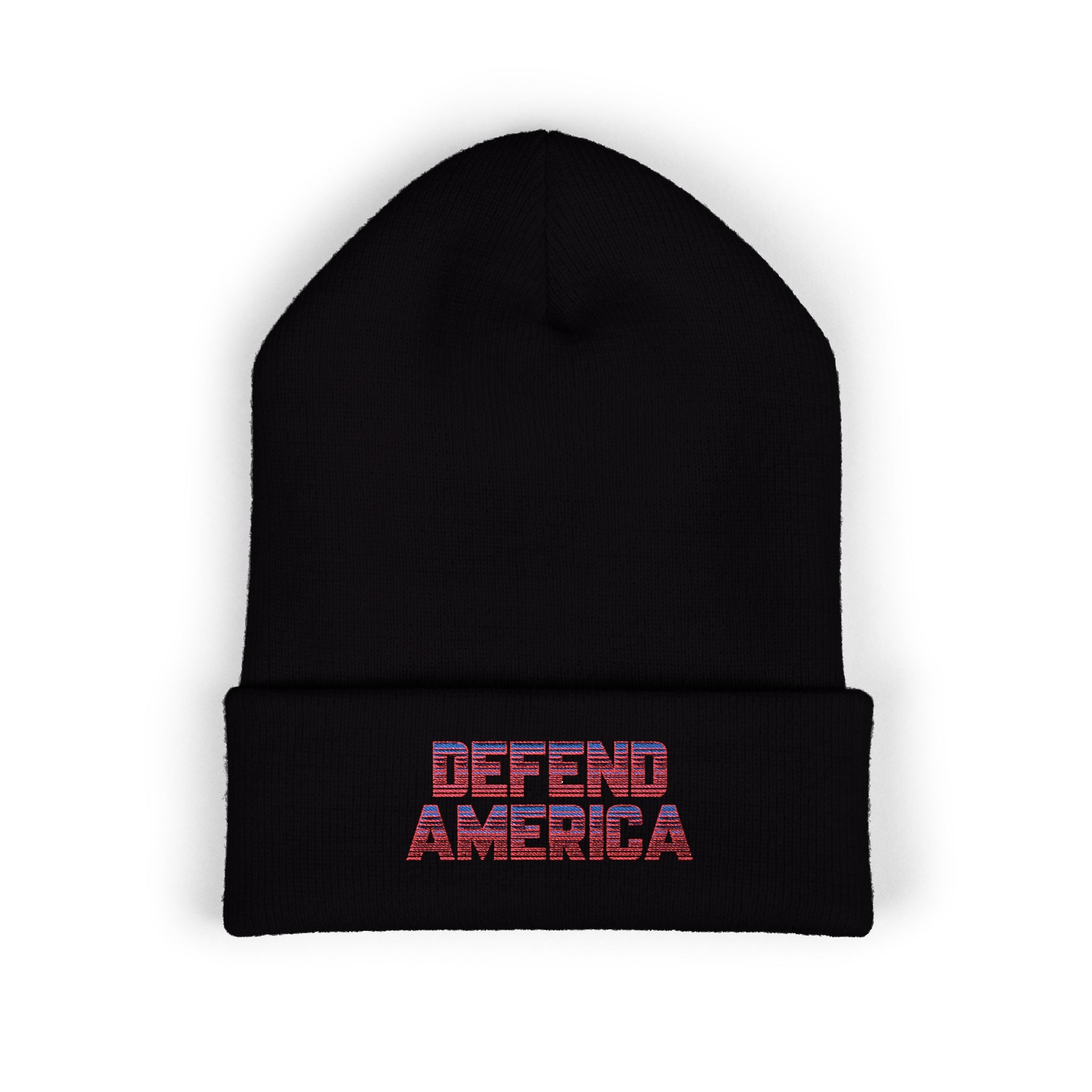 Black beanie with striped red, white and blue text "DEFEND AMERICA" #American #MadeinAmerica #MadeinUSA #USA #USApride #America  #americanmade #americanmadeproduct #americanmadeproducts #productsmadeinAmerica #USAmade #productmadeinUSA #productsmadeinUSA

