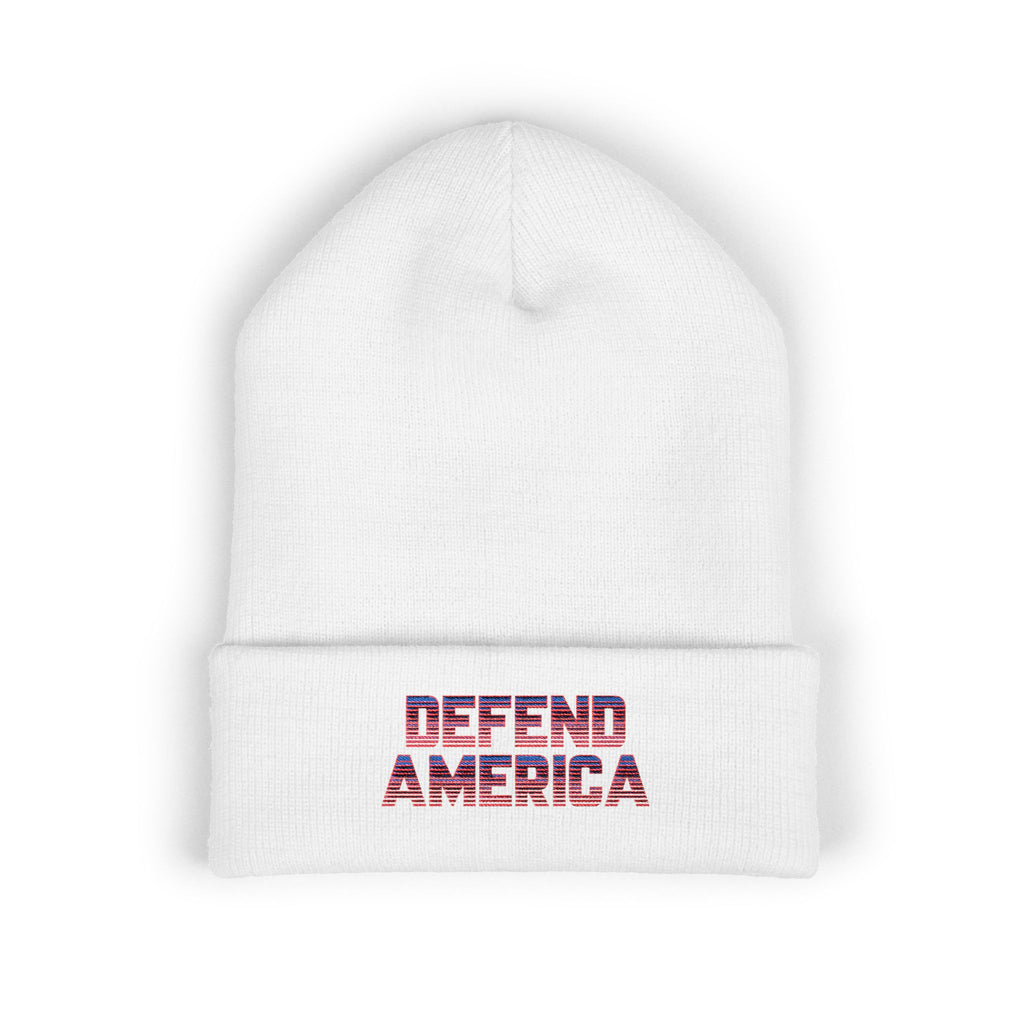 White beanie with striped red, white and blue text "DEFEND AMERICA" #American #MadeinAmerica #MadeinUSA #USA #USApride #America  #americanmade #americanmadeproduct #americanmadeproducts #productsmadeinAmerica #USAmade #productmadeinUSA #productsmadeinUSA


