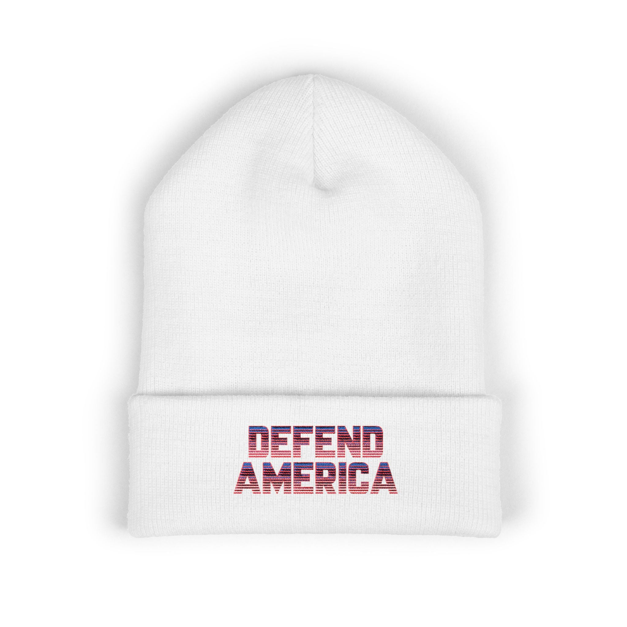 White beanie with striped red, white and blue text "DEFEND AMERICA" #American #MadeinAmerica #MadeinUSA #USA #USApride #America  #americanmade #americanmadeproduct #americanmadeproducts #productsmadeinAmerica #USAmade #productmadeinUSA #productsmadeinUSA

